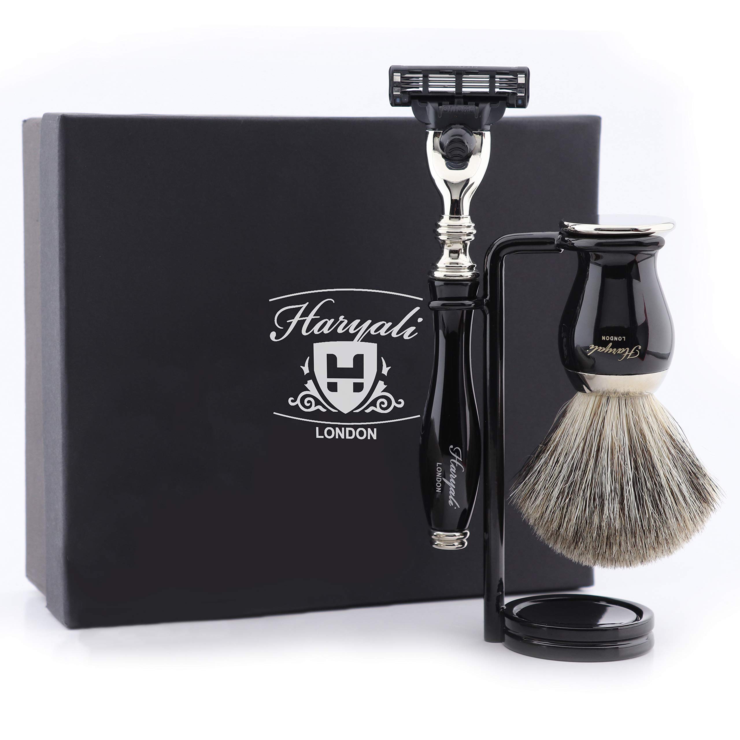Set di 3 pennelli da barba in nero, per capelli di tasso puro, rasatura e supporto per rasatura, perfetto per rasatura a umido
