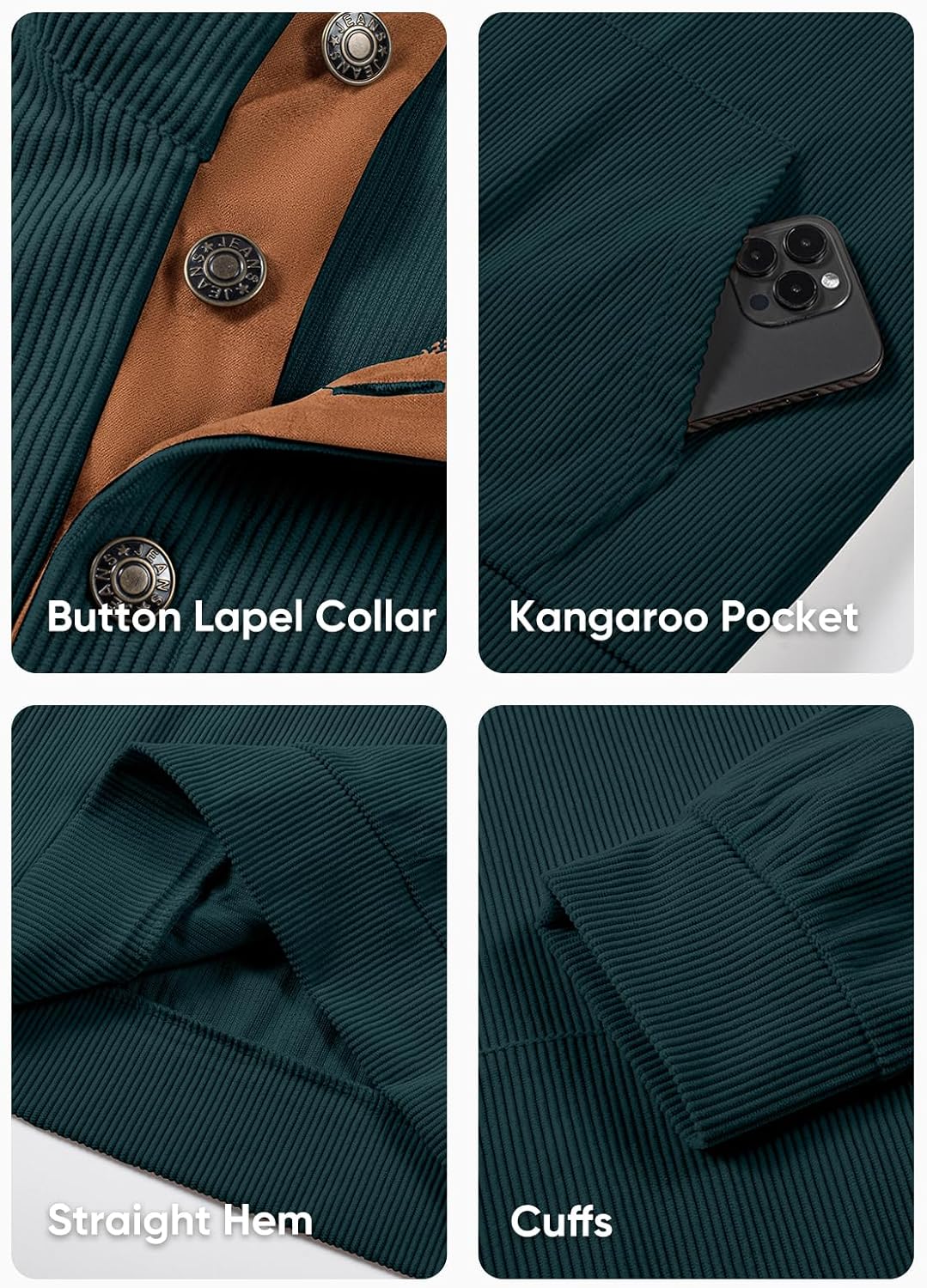 JMIERR Mens Corduroy Sweatshirt Casual Stand Collar Quarter Fall Metal Button Pullover Sweaters Long Sleeve with Pockets - Image 7