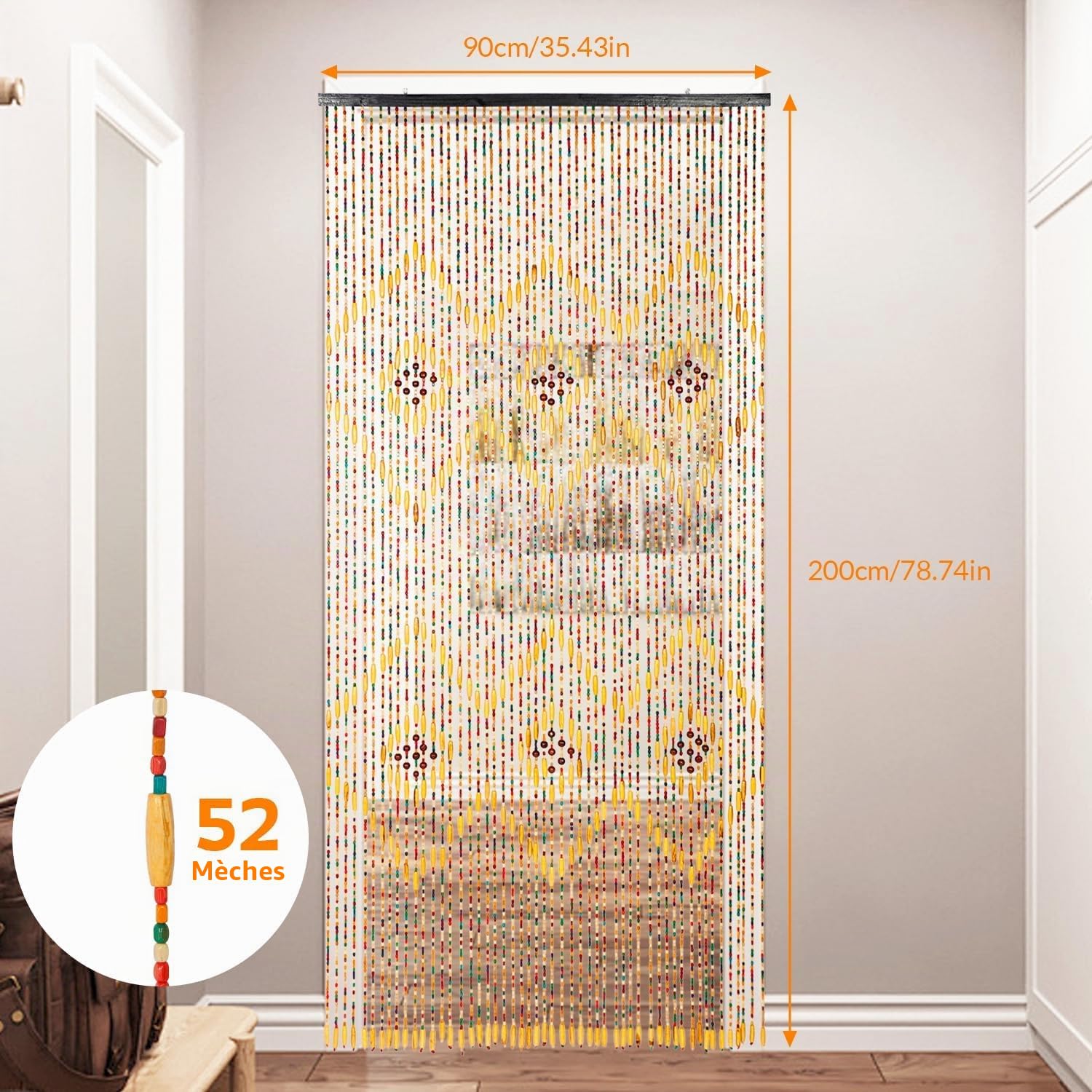 Rideau de Porte en Bambou avec Perles, 52 Fils de Rideaux en Perles pour Encadrements de Porte, Rideau de Porte Moustiquaire en Perles de 90x200cm, Rideau en Perles Diviseur de Porte Fait Main