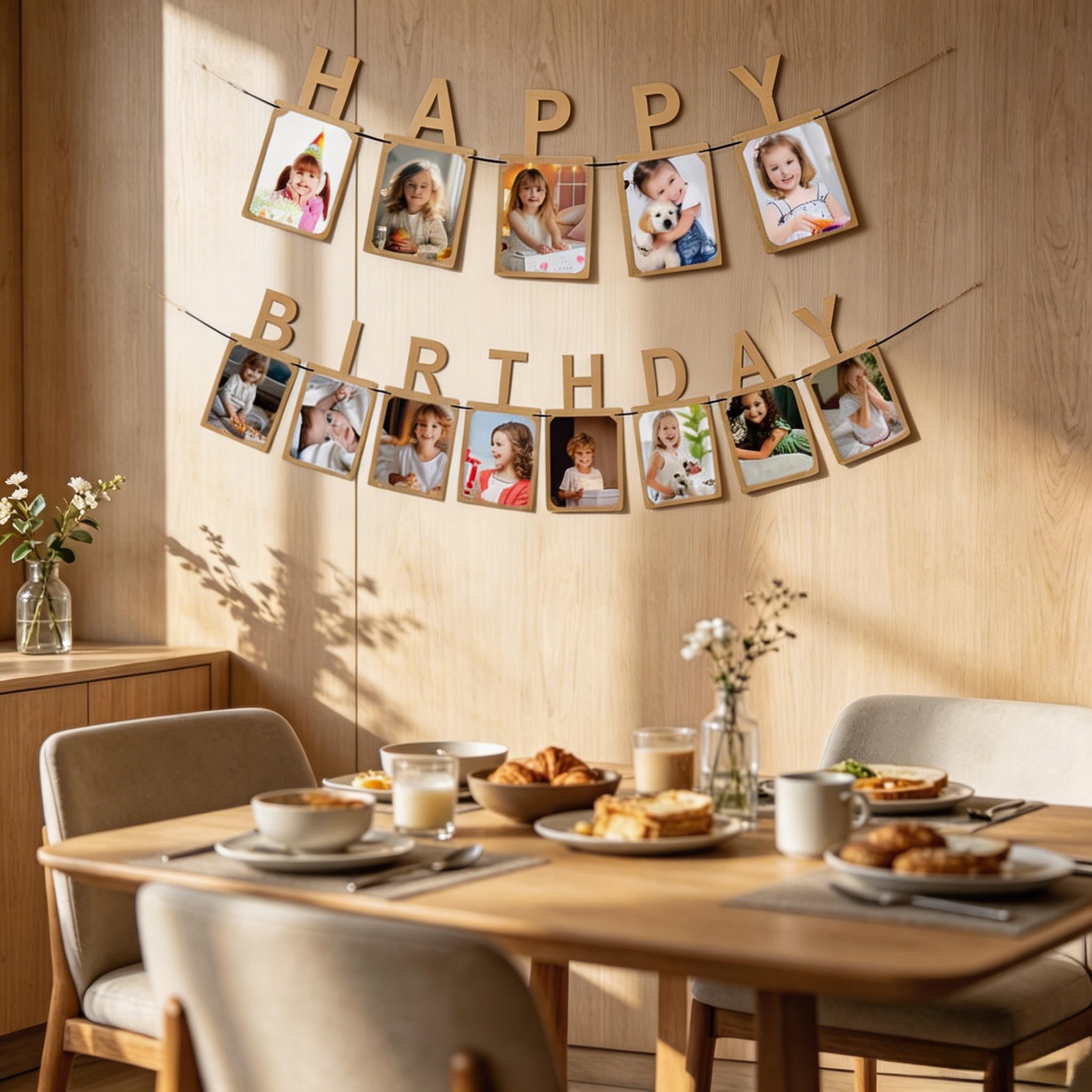 Birthday Banner Photo Banner - Kraft Paper Reusable Banner with 13 Photo Cards, Pre-Punched Holes for Easy Assembly, Natural Birthday Party Decorations for Adults