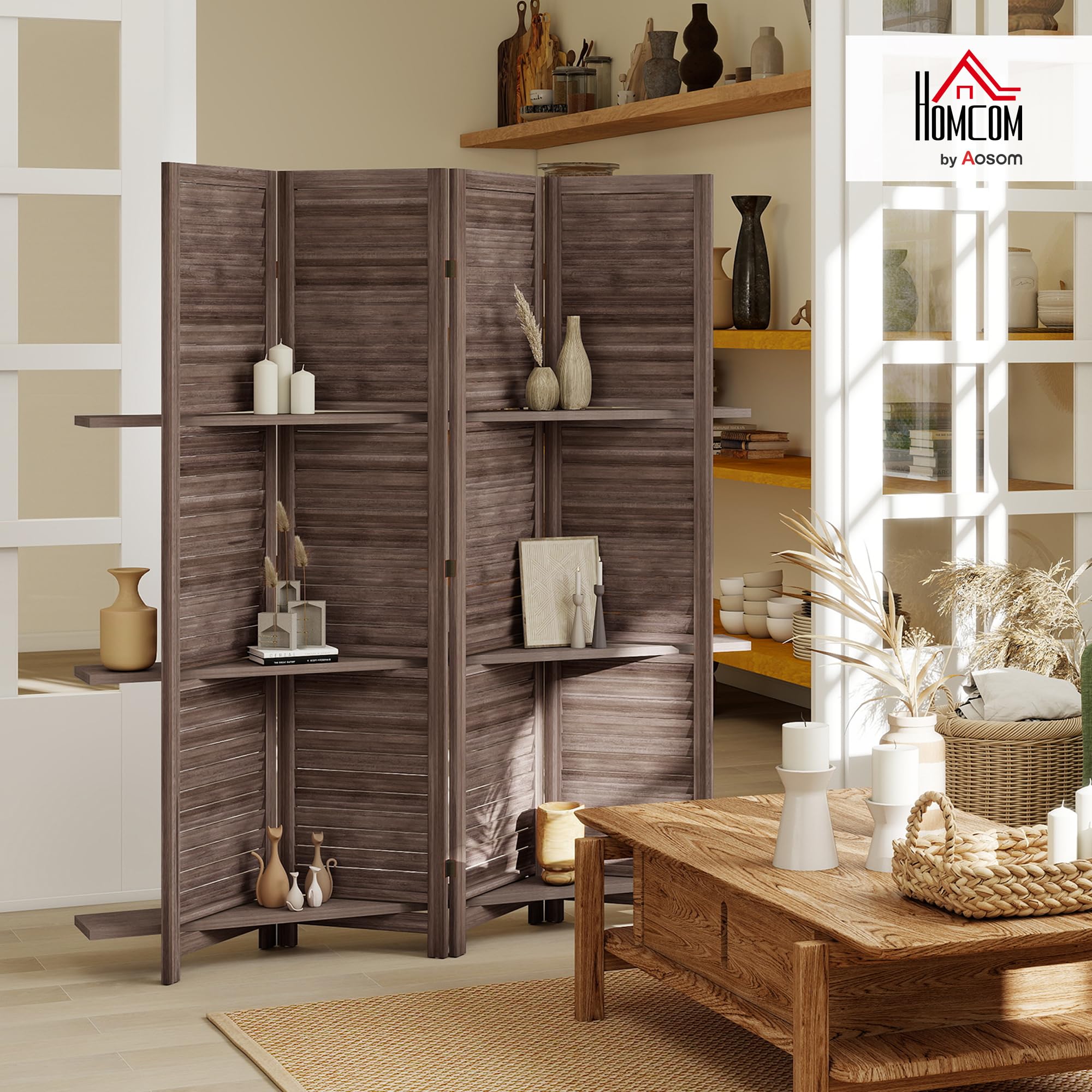 HOMCOM Paravent Intérieur en Bois 4 Panneaux 160 x 170 cm Noyer
