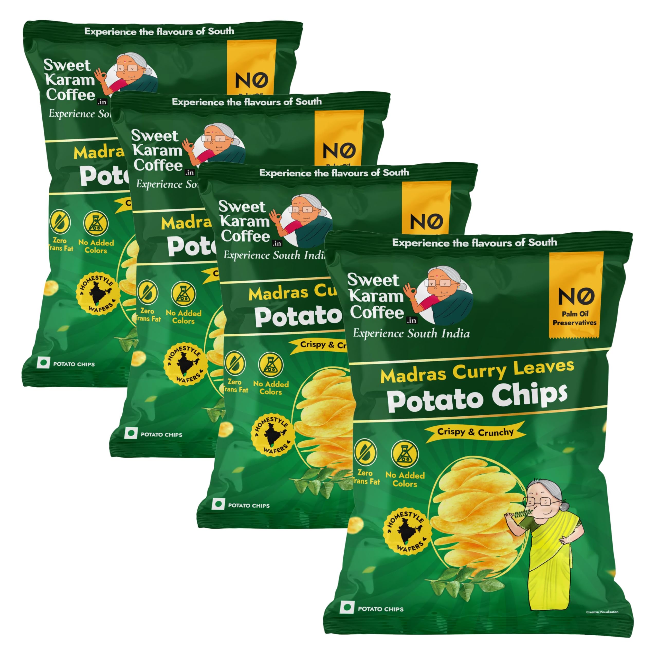 Sweet Karam Coffee Potato Chips | Madras Curry Leaves Flavour | Crispy & Aromatic Snack | No Palm oil & Preservatives | Authentic South Indian Taste | Tea-Time Munchies | Handcrafted Potato Wafers | 60g Pack of 4-image-43