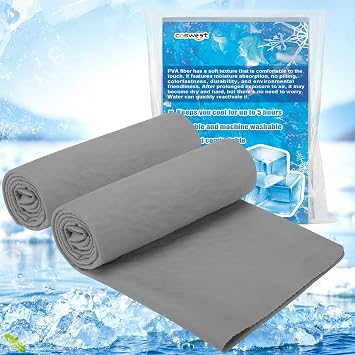 Cosweet PVA Cooling Towels - Quick Chilly Gym Towel Lasts 5 Hours for Neck and Face Hot Weather, Highly Absorbent, UPF 50+ for Outdoor Workout Sports Golf 2Pcs 33.5" x 13", Grey