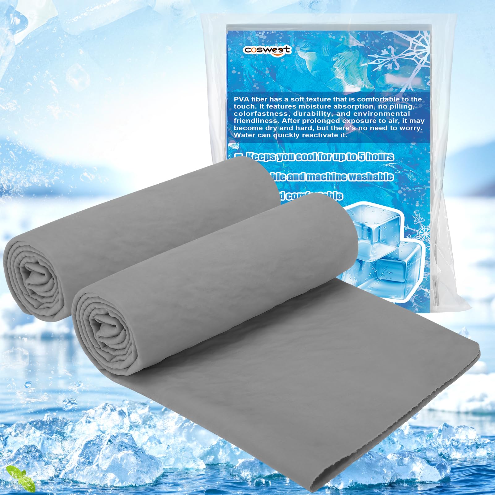 PVA Cooling Towels - Quick Chilly Gym Towel Lasts 5 Hours for Neck and Face Hot Weather, Highly Absorbent, UPF 50+ for Outdoor Workout Sports Golf Yoga (2Pcs 33.5" x 13", Grey)