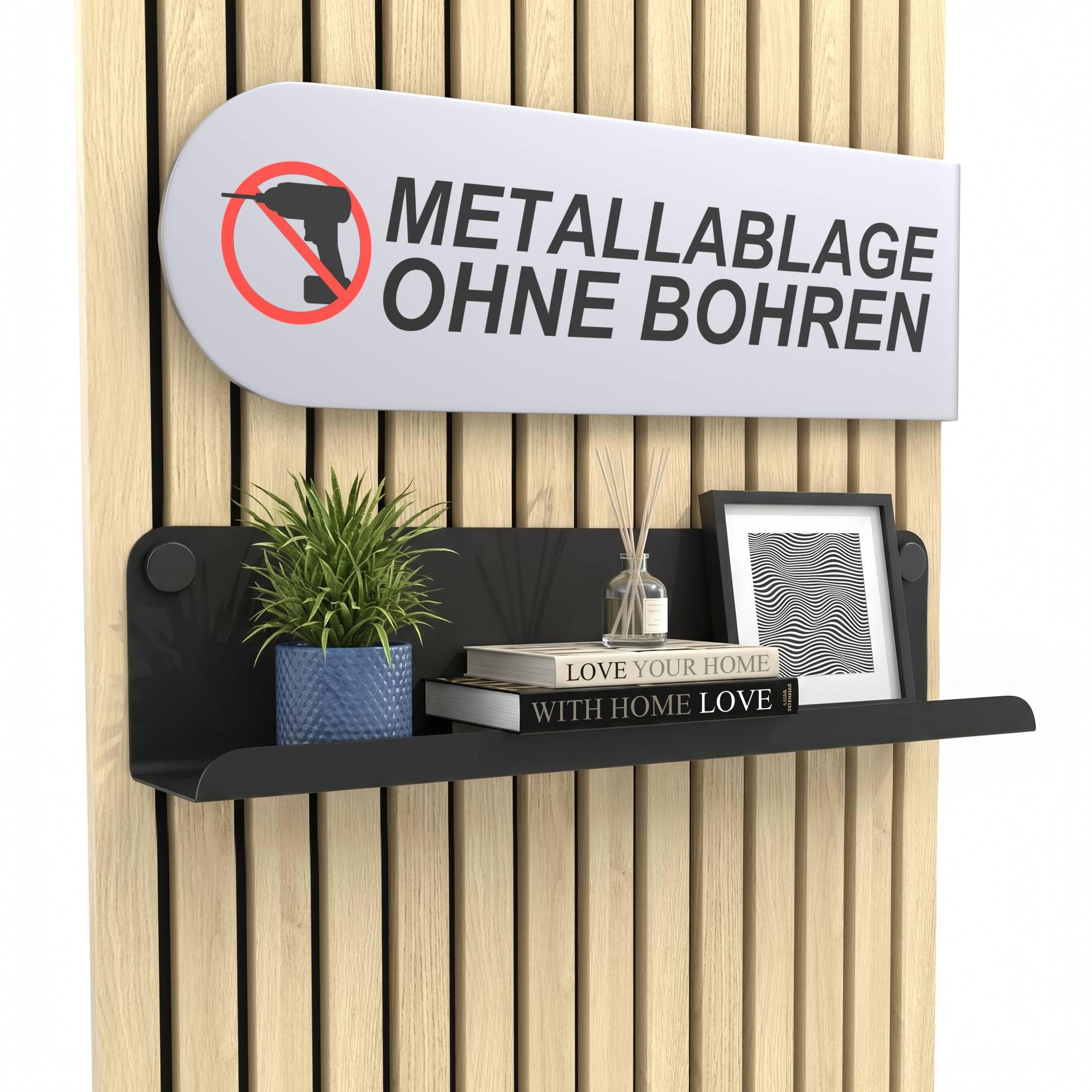 HOME LOVE Ablage für Akustikpaneele 52x9 cm – ohne Bohren | Regal für Paneele | Akustikpaneele Zubehör | Wandpaneele Regal schwarz Metall