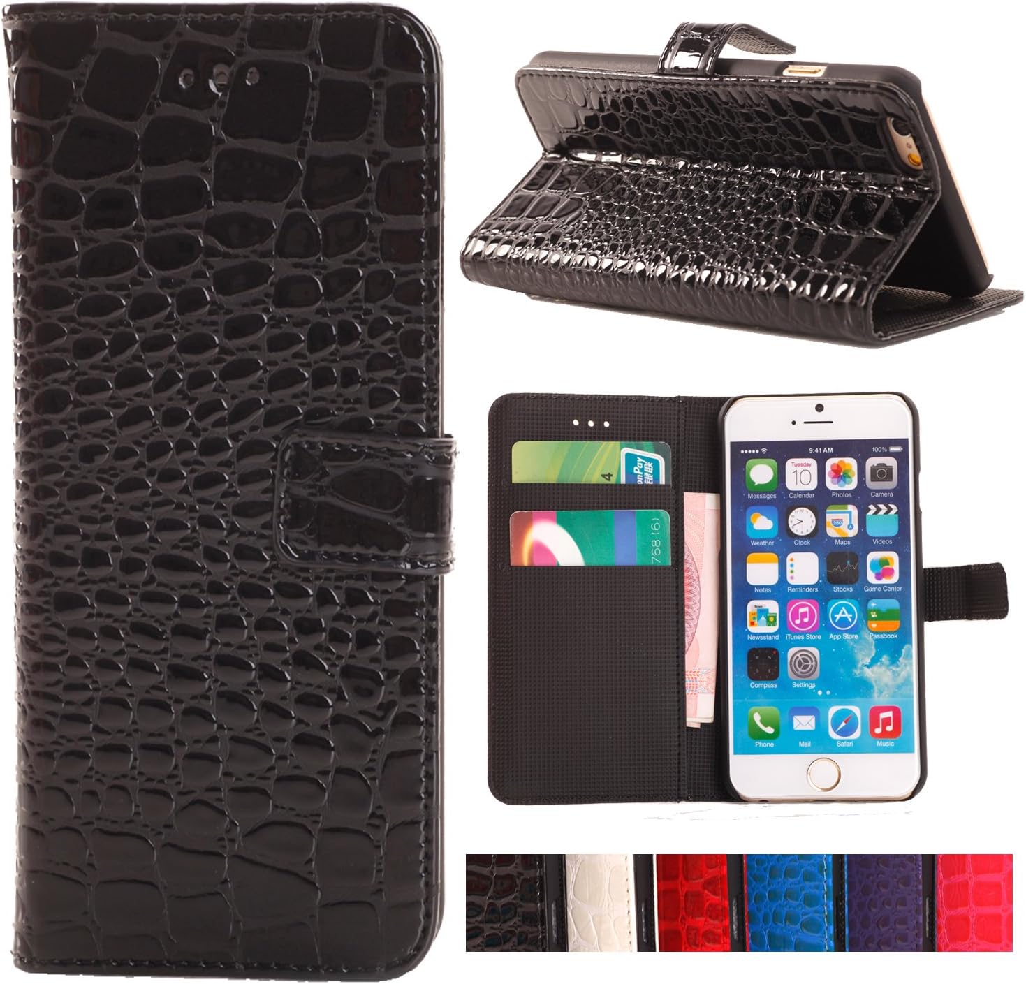 iPhone 6 Case, YESOO Crocodile Pattern PU Leather Wallet Folio Case (Black)