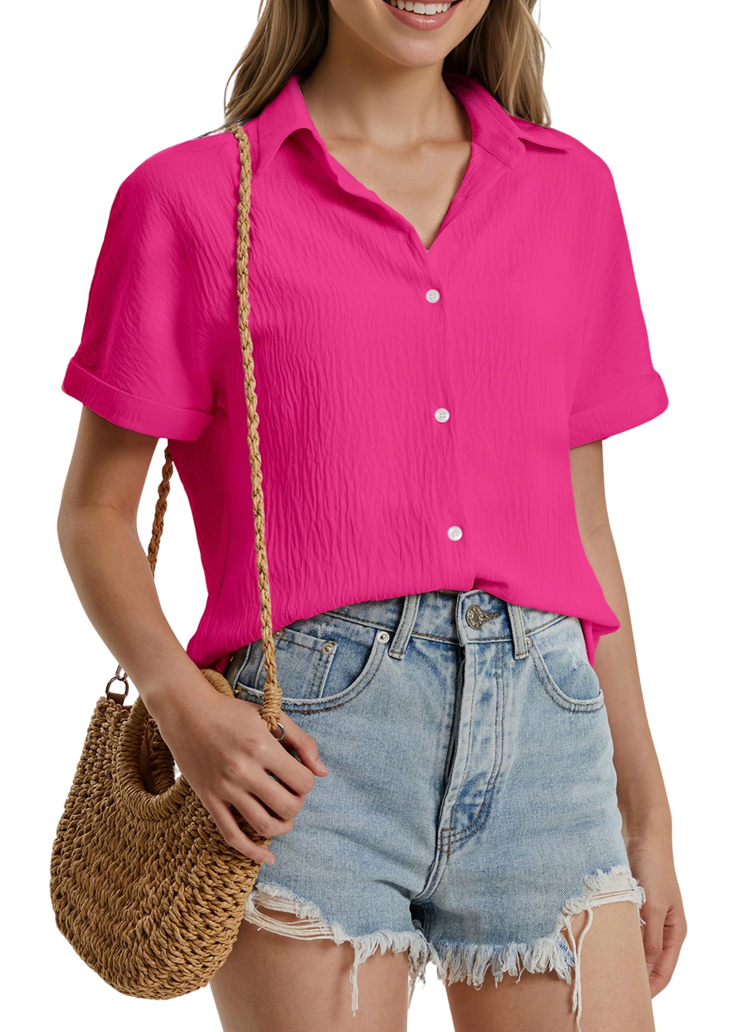 Camicia Donna Manica Cortae Camicette Donna Estive Scollo a V Camicetta Bottoni Larghi Casual Camicie Elegante Blusa Tinta Unita