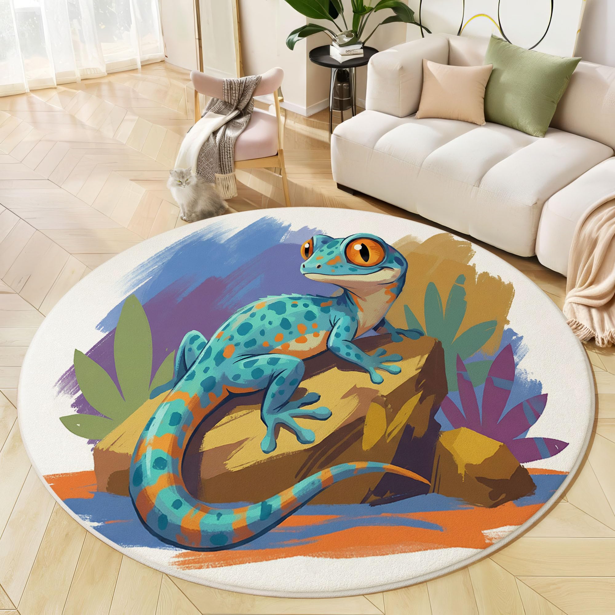 Tapis rond aquarelle gecko 180 cm lavable pour salon et chambre d'enfant