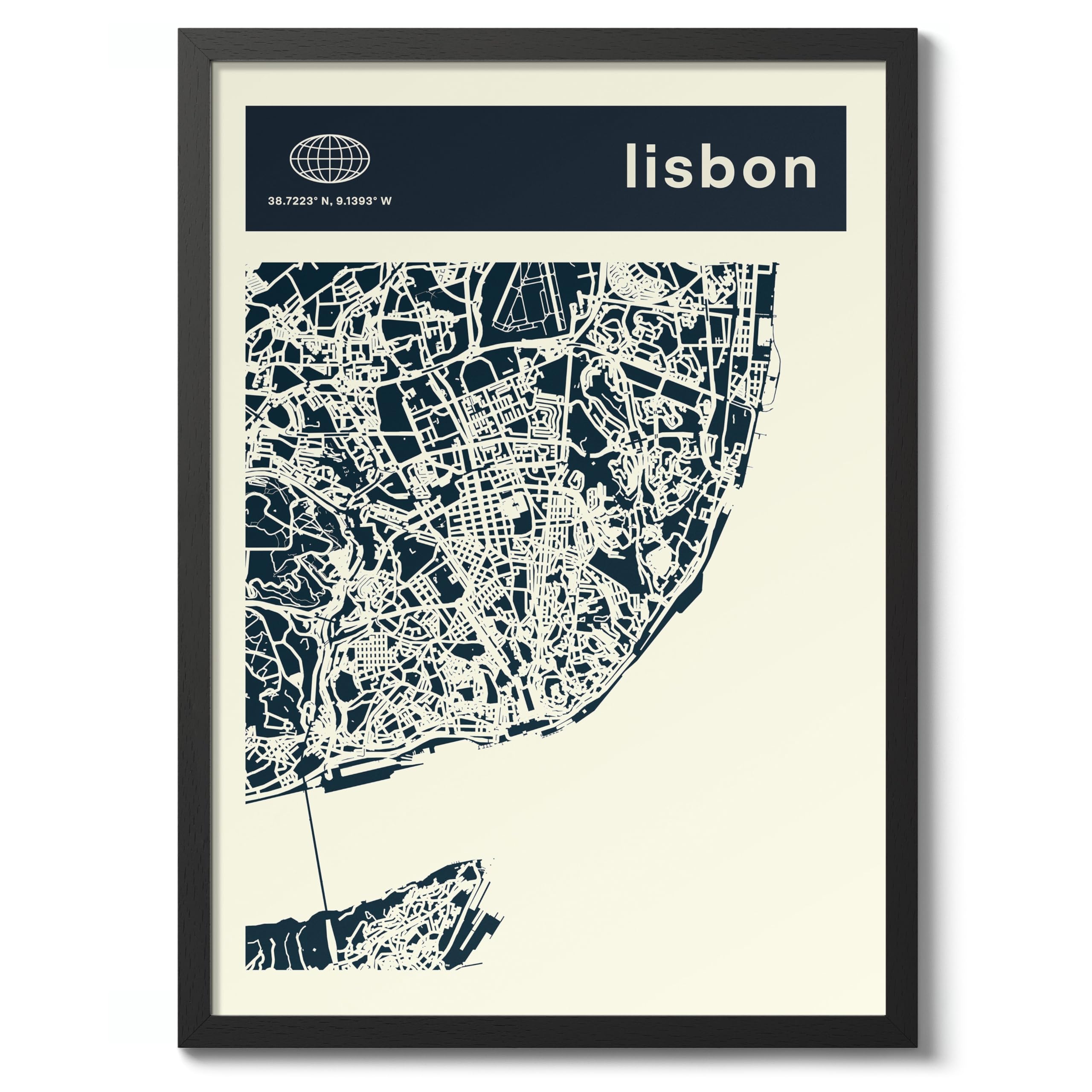 Lisbon Minimalist City Maps Poster, City Coordinates Print, Landmark Apartment Home Decor, A3 (Black Frame) - 45x32.8cm