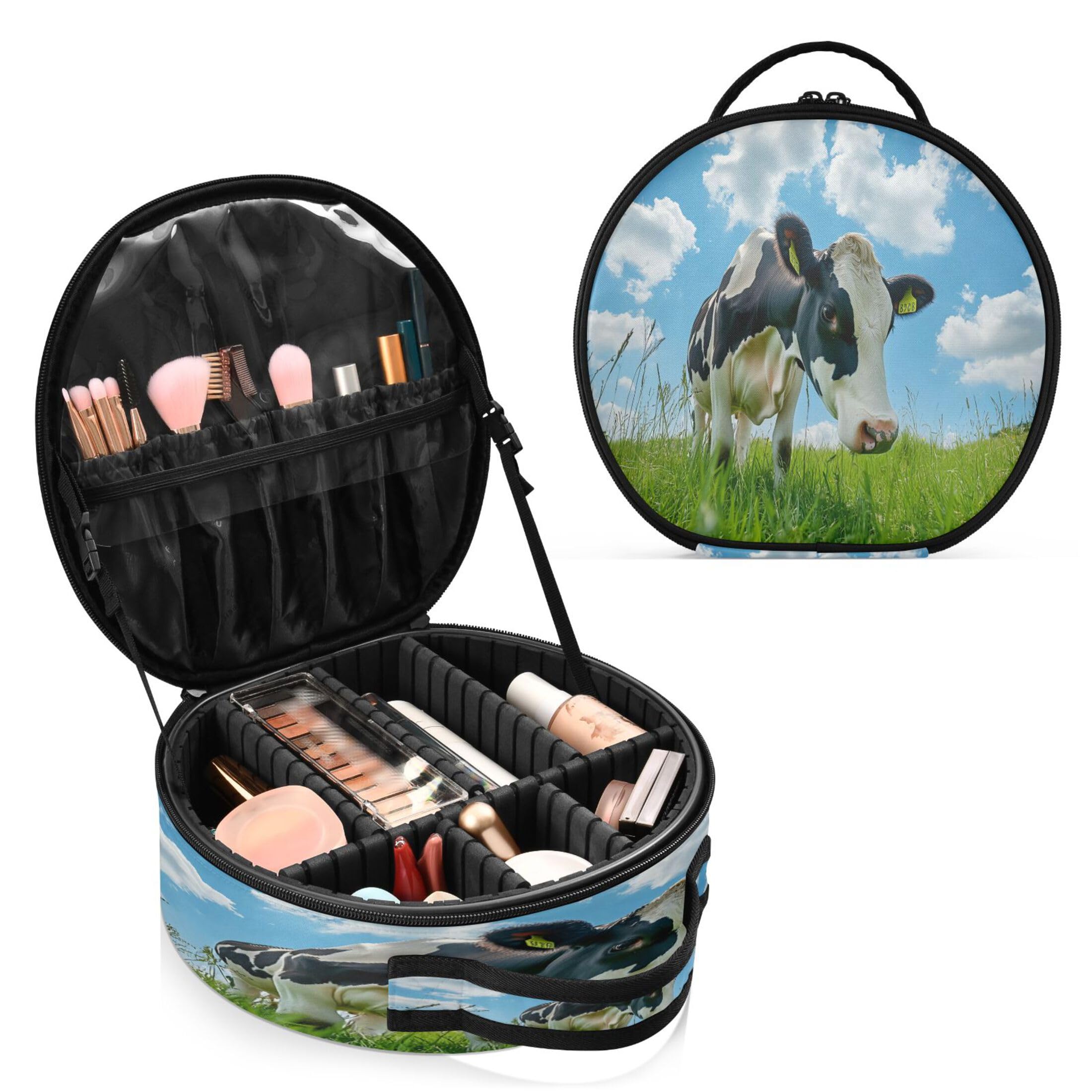 Takiito Cow Grazing on Grass Travel Makeup Case Portable Makeup Box Artist Cosmetic Case Organizer With Adjustable Dividers