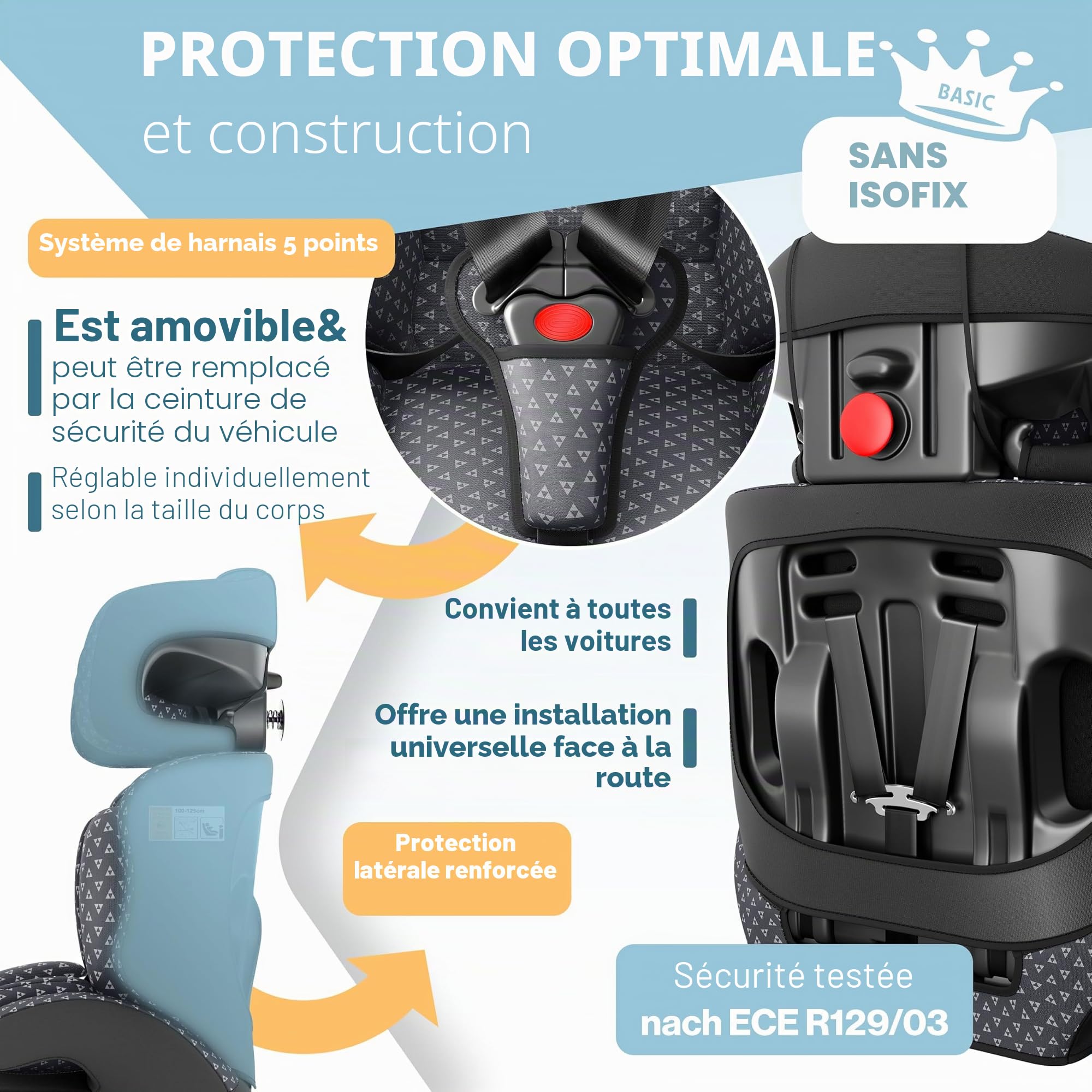 KIDIZ® Siège auto i-Size R129 100-150 cm jusqu'à 12 ans - Siège auto pour enfant groupe 1/2/3 sans Isofix, siège enfant grand, harnais 5 points, appuie-tête réglable en hauteur, rehausseur auto