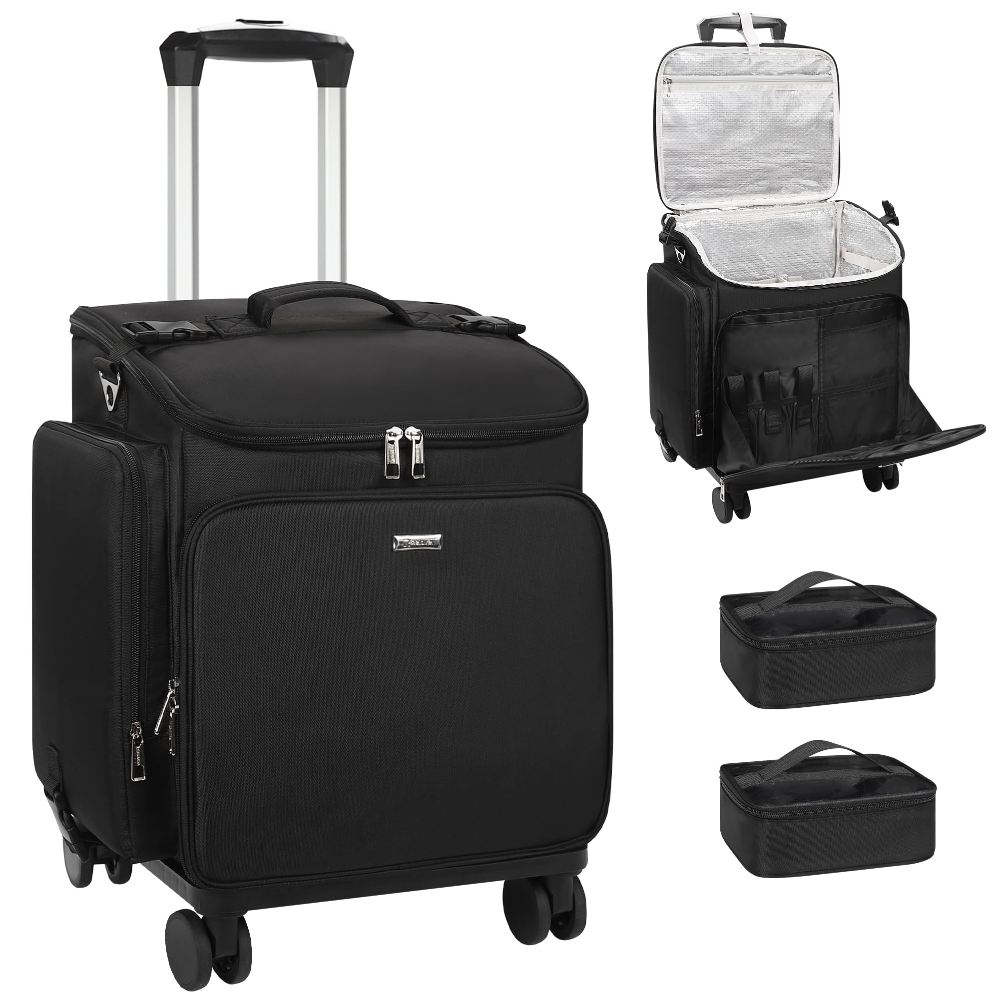 Relavel Maletín de maquillaje con ruedas para el pelo, bolsa de viaje con 2 compartimentos transparentes, bolsa de peluquería profesional para artista de maquillaje, organizador de peluquería con