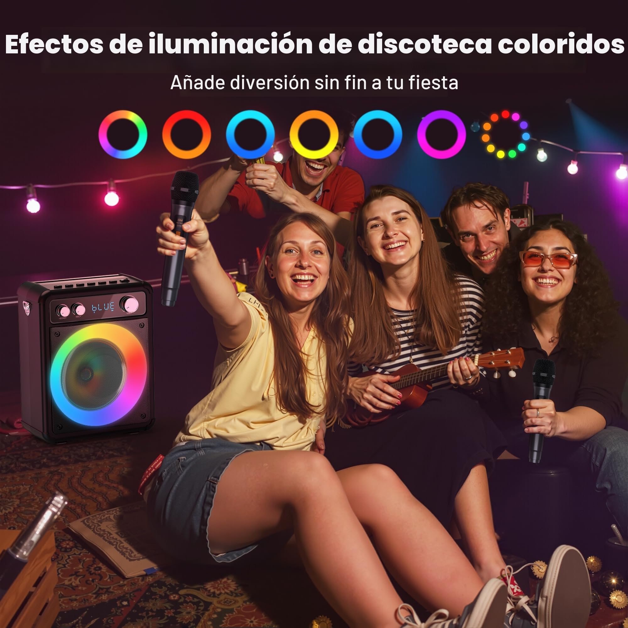 Ankuka Karaoke, Karaoke 2 Microfonos Inalambricos, 15W Sistema PA para Adultos y Niños con Luces LED, Soporta TWS/Rec/FM/AUX/USB/TF para Fiesta en Casa