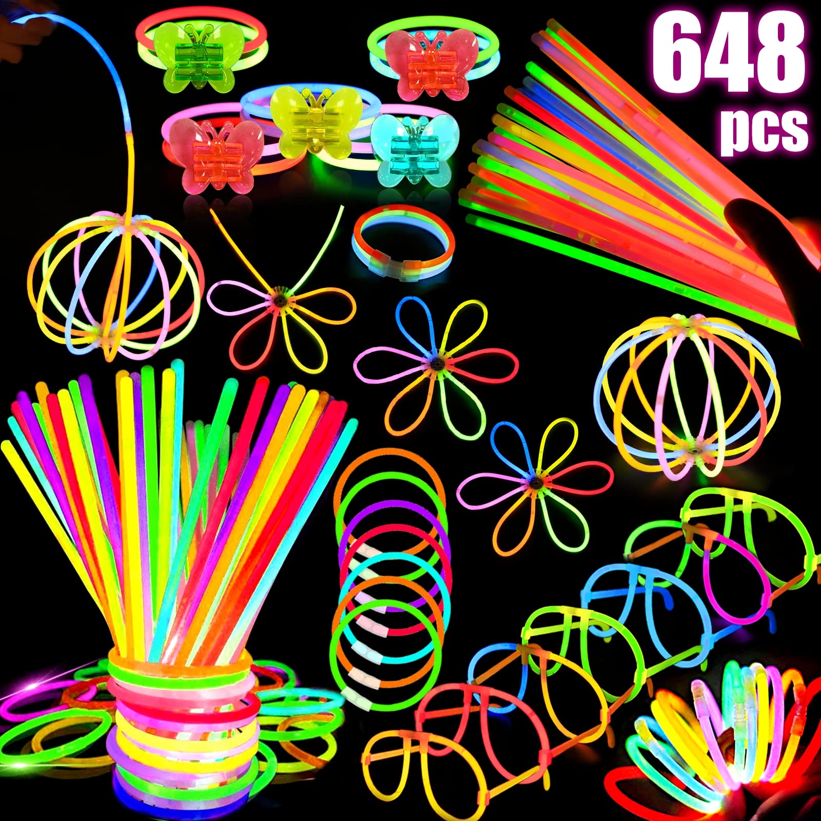 Amazon.com: 648 Pcs Glow Sticks Bulk Halloween Glow in the Dark Party  Supplies, 8 Inch Light Up Sticks Halloween Party Favors with Connectors  Glow Glasses Bracelets Necklaces Toys Neon Party Favors for