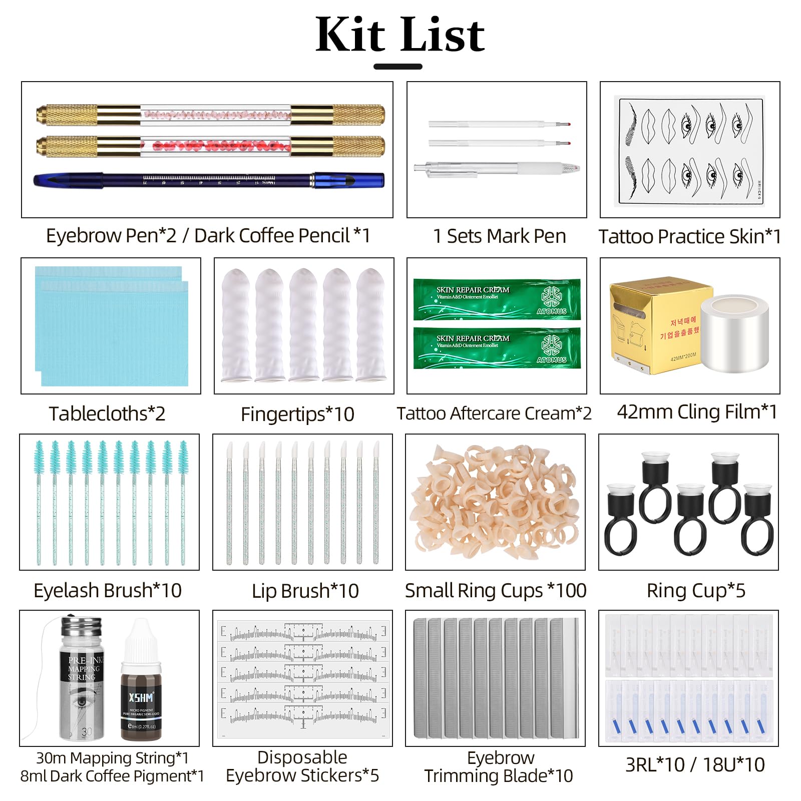 ATOMUS Kit de microblading dorado completo semipermanente, herramienta para tatuaje profesional, 2 unidades, bolígrafo manual de cejas 18U 3RL, suministros de tatuaje