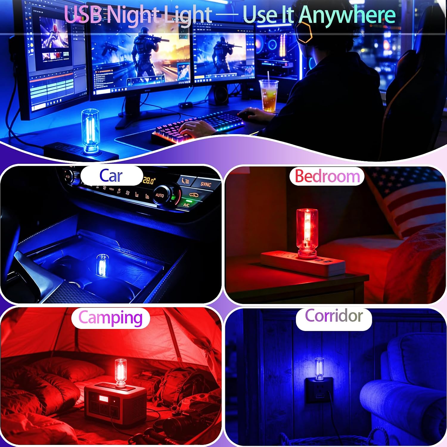 USB LED Night Light 4 Pack, RGB Glass Ambient Lights with Touch Control & Dimmable Brightness, Mini Plug in USB Lamp for Car, Laptop, Bedroom, Decorative Gift for Men(2 Red 2 Blue)