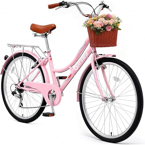 24/26 Inch Women's Beach Cruiser Bike, Step-Through Comfort City Bicycle with Shimano 7-Speed, Front Basket & Rear Cargo Rack, High-Carbon Steel Frame with Dual Spring Suspension Saddle