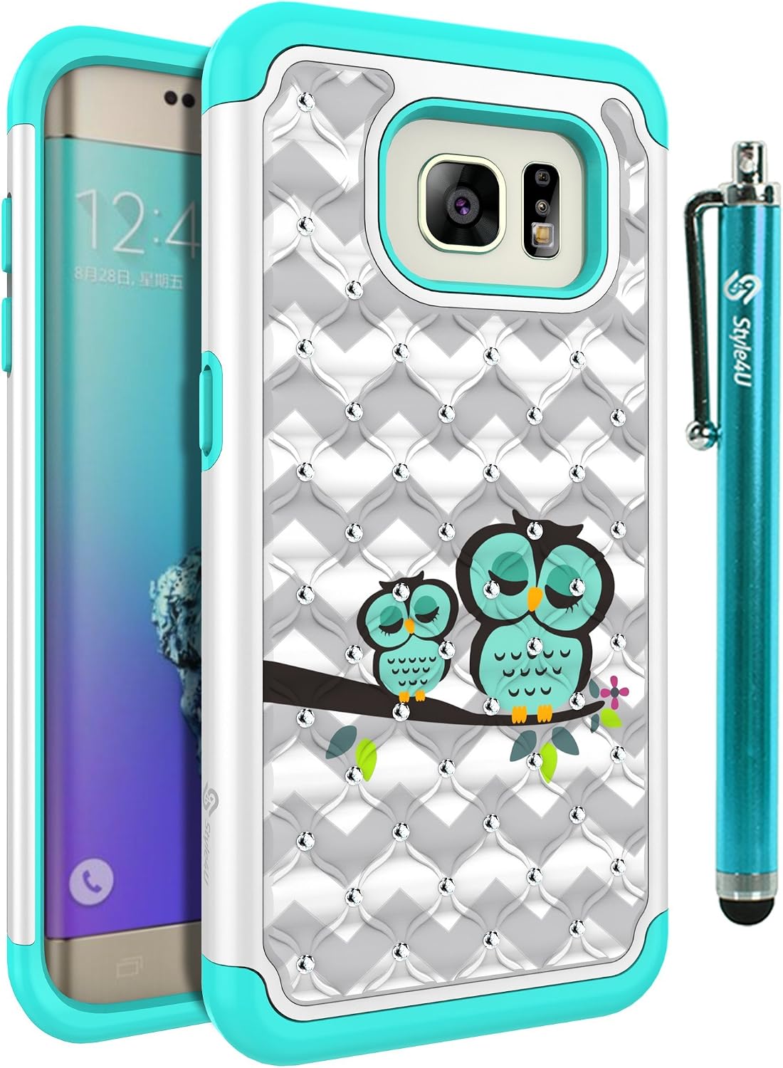 Style4U S7 Edge Case, Galaxy S7 Edge Case, Cute Owl Studded Rhinestone Crystal Bling Hybrid Armor Case Cover for Samsung Galaxy S7 Edge with 1 Stylus [White/Teal]