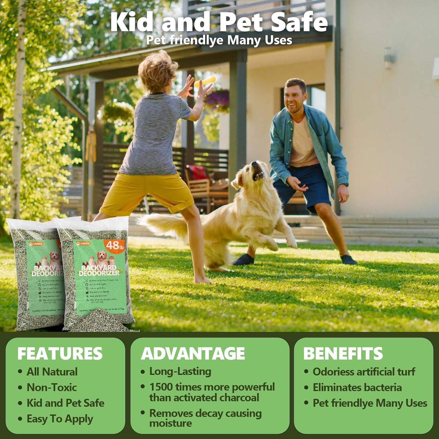 USKICH Backyard Deodorizer,48 lbs Yard Odor Eliminator,Eliminates Stool & Urine Odor on Potty Patches,Artificial Turf,Grass,Lawns,Patios,Concrete&Playgrounds-Cat Litter Box Odor Eliminator&Freshener