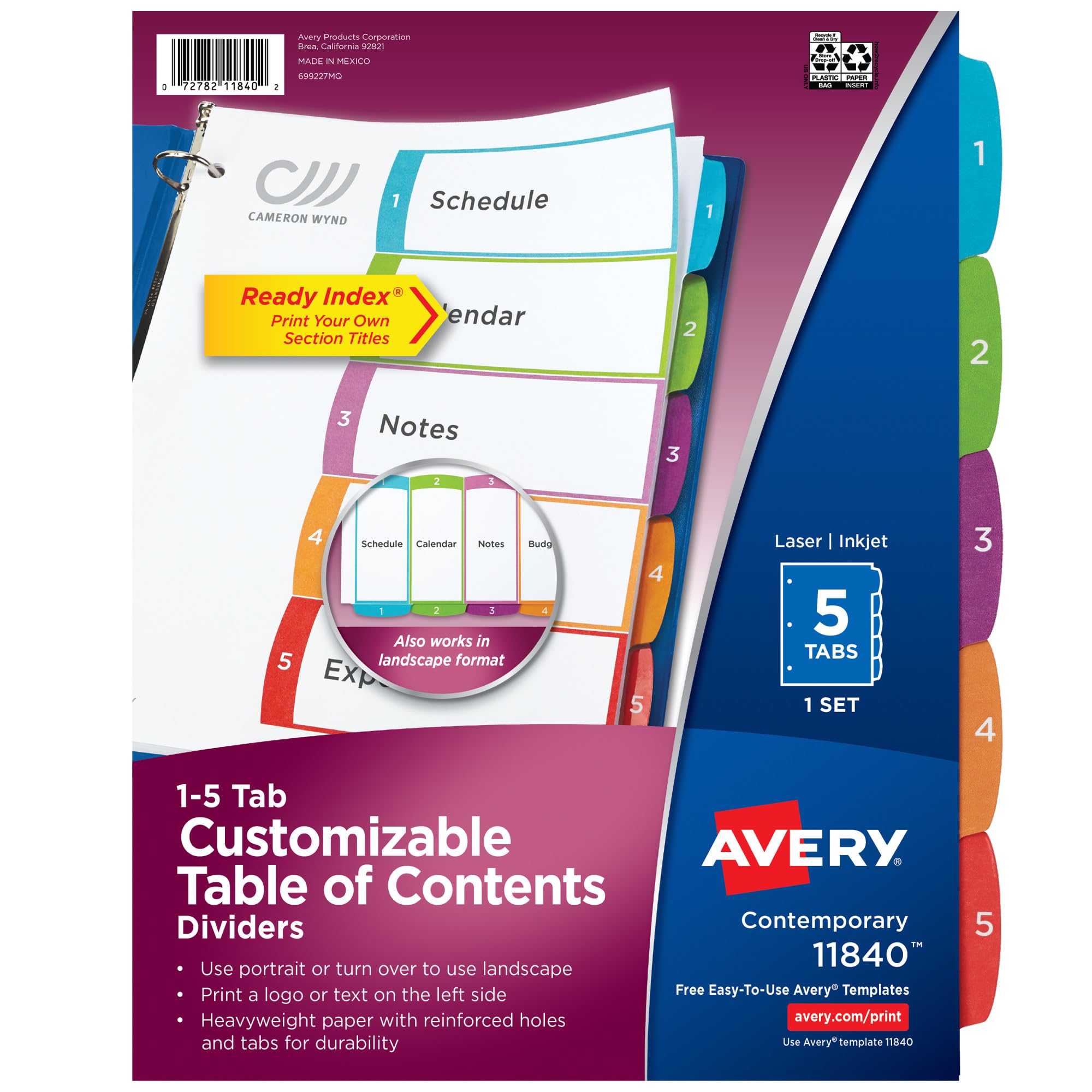 Avery 5 Tab Dividers for 3 Ring Binders, Customizable Table of Contents, Multicolor Tabs, 1 Set (11840)