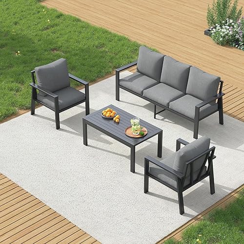 UDPATIO Aluminum Patio Furniture Set, 4 Pieces Sectional Metal Conversation Sofa Modern Seating Set with Coffee Table for Outdoor Garden Backyard, Dark Grey