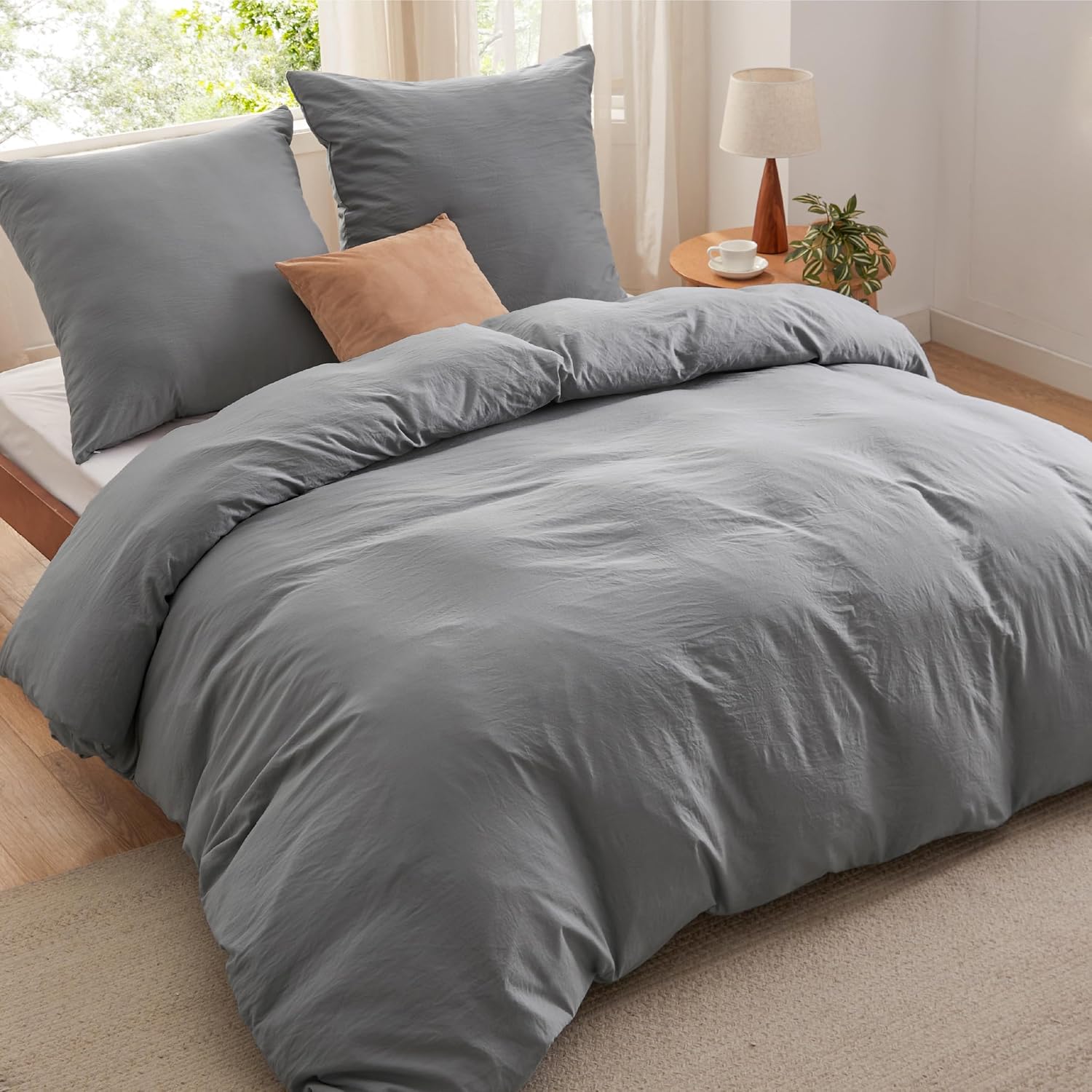 BEDSURE Bed Linen 220 x 240 cm 3-Piece Bed Linen Set - Soft Cotton-Like 1 Duvet Cover 240 x 220 cm and 2 Pillowcases 80 x 80 cm, Oeko-Tex Pre-Washed Duvet Cover Bedding, Grey with Zip 240 x 220 cm + 2 x Kissenbezuge 80x80 cm Gray