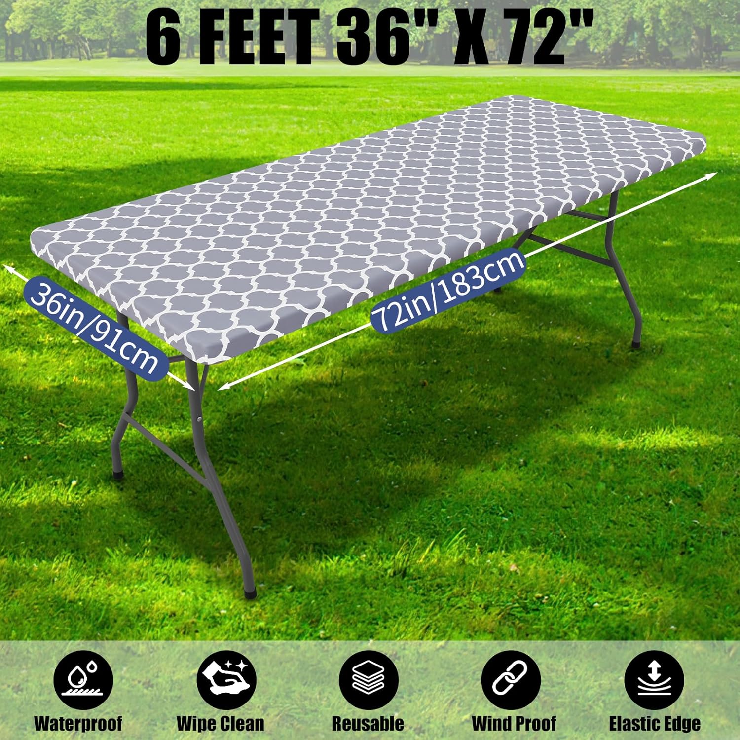Smiry 2 Pack Rectangle Table Cloth 6 Foot, Waterproof Elastic Fitted Tablecloths, Windproof Washable Polyester Table Cover for Picnic, Camping, Outdoor (Grey, 36"x72")