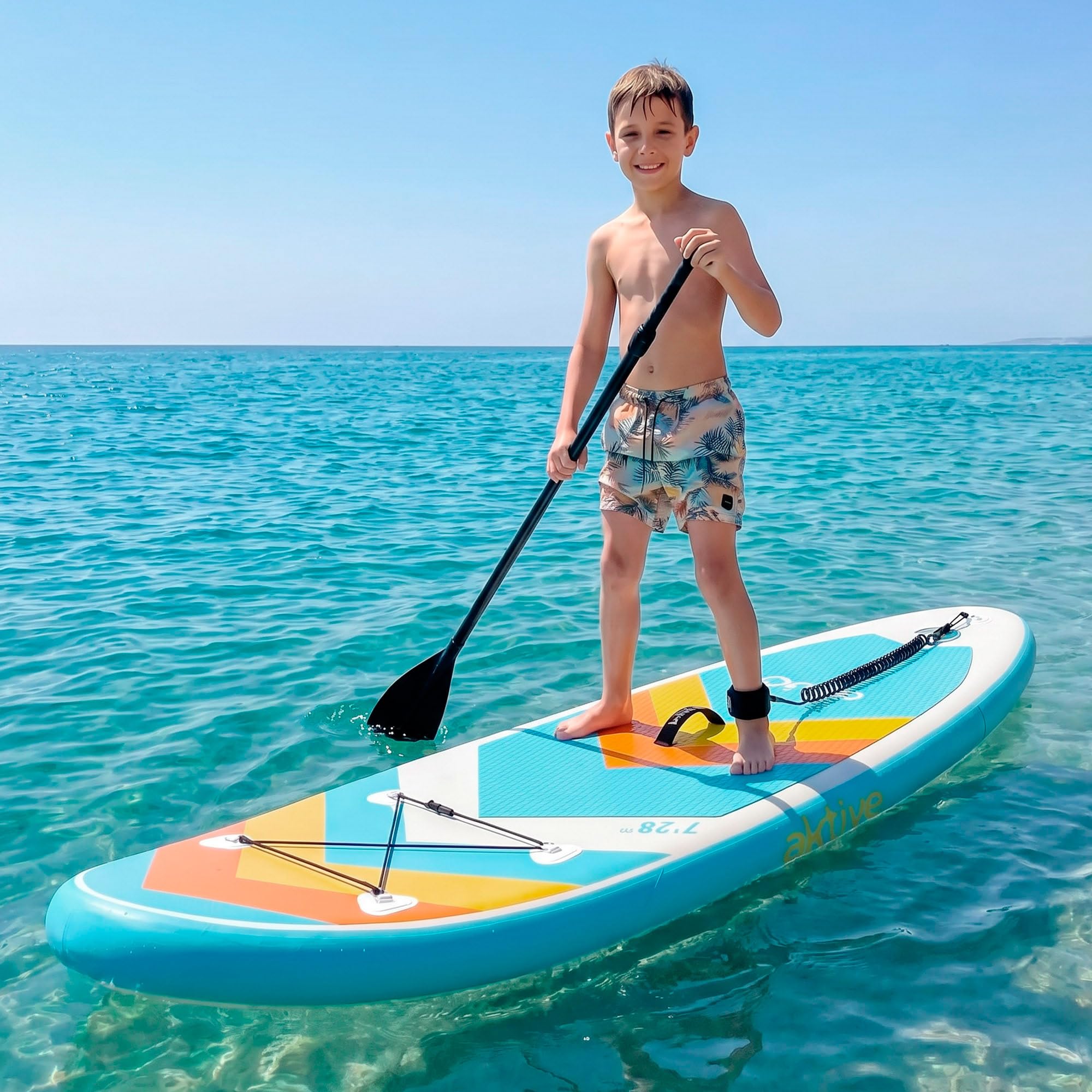 AKTIVE Tabla Paddle Surf Hinchable, Junior, 213x71x10 cm, Soporta 90 kg, Hinchador con manómetro, Remo Ajustable, Kit reparación, Mochila Transporte, Accesorios Playa (54370)