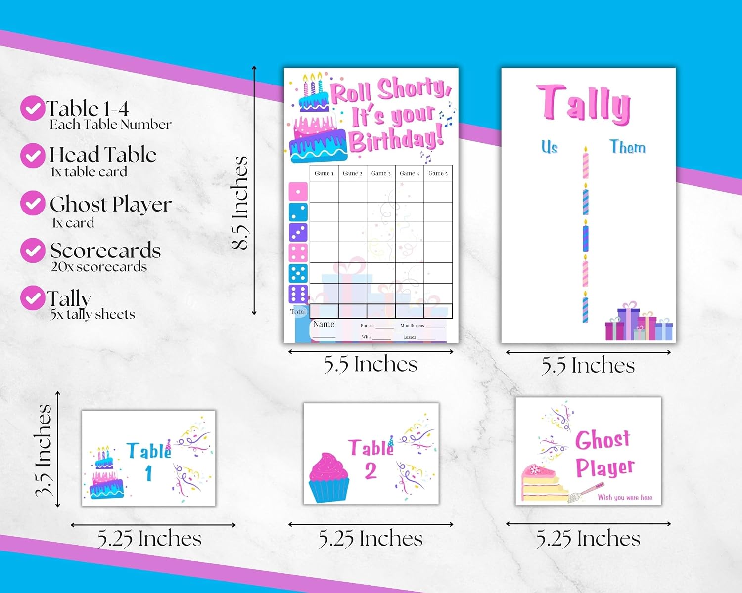 Birthday Bunco Game Kit - Birthday Theme Bunco Scorecards, Tally Sheets & Table Cards – Game Party Supplies for Adult Birthday Parties & Large Groups