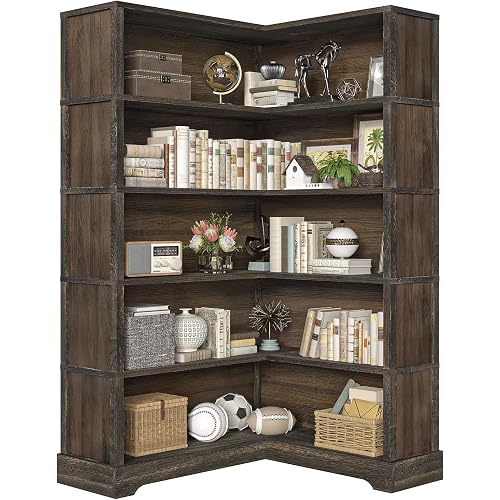 TVU Wood Corner Book Shelf, 5 Tier 65 Inch Tall Bookshelf with Storage, Floor Standing Display Book Shelf for Living Room, Kitchen, Home Office, Walnut