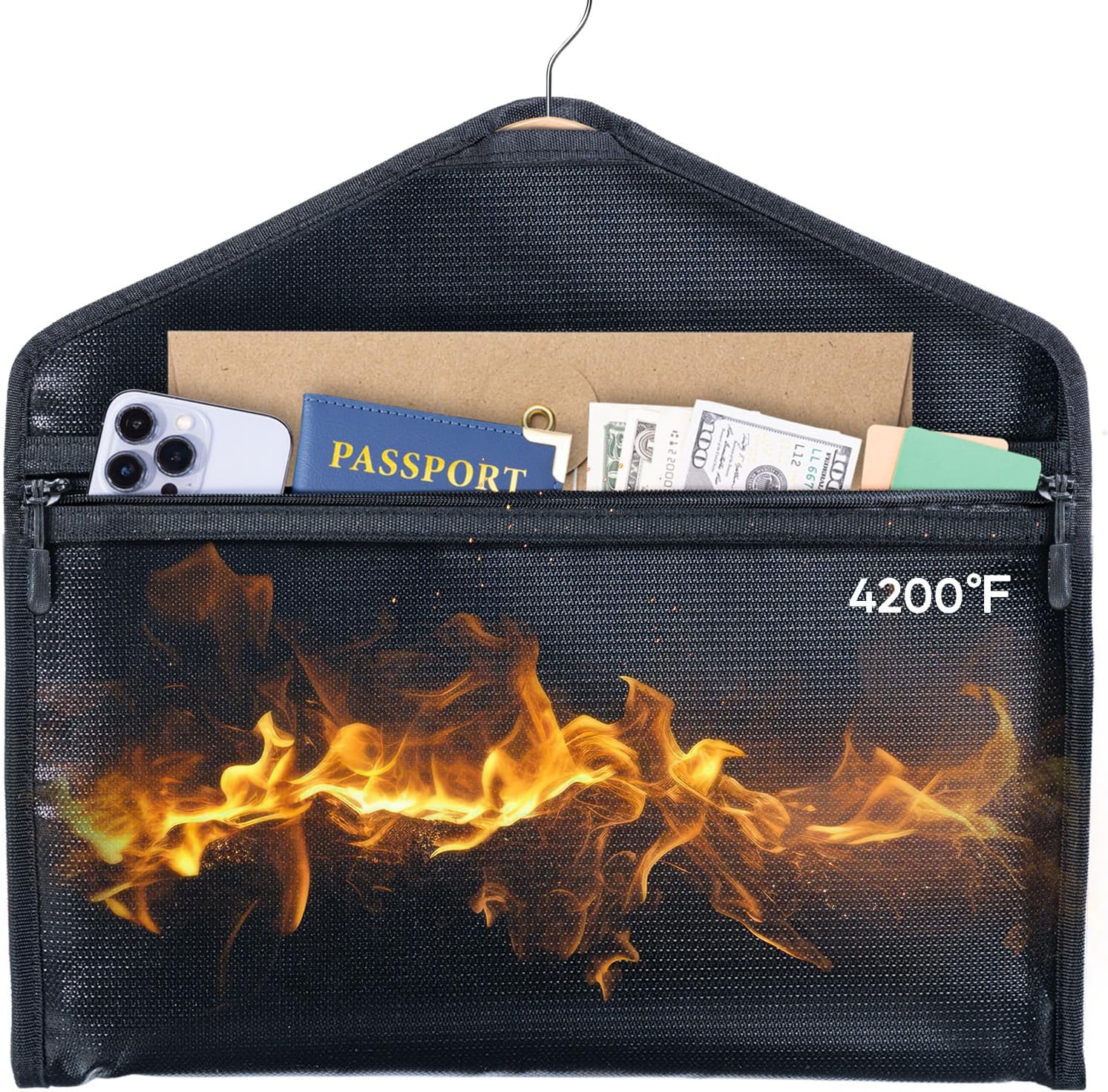 Fireproof & Waterproof Hanger Diversion Safe – Hidden Storage for Cash, Valuables, Passport & Jewelry – Secret Safe with Zipper – Travel Security Pouch Fits Over Standard Hangers