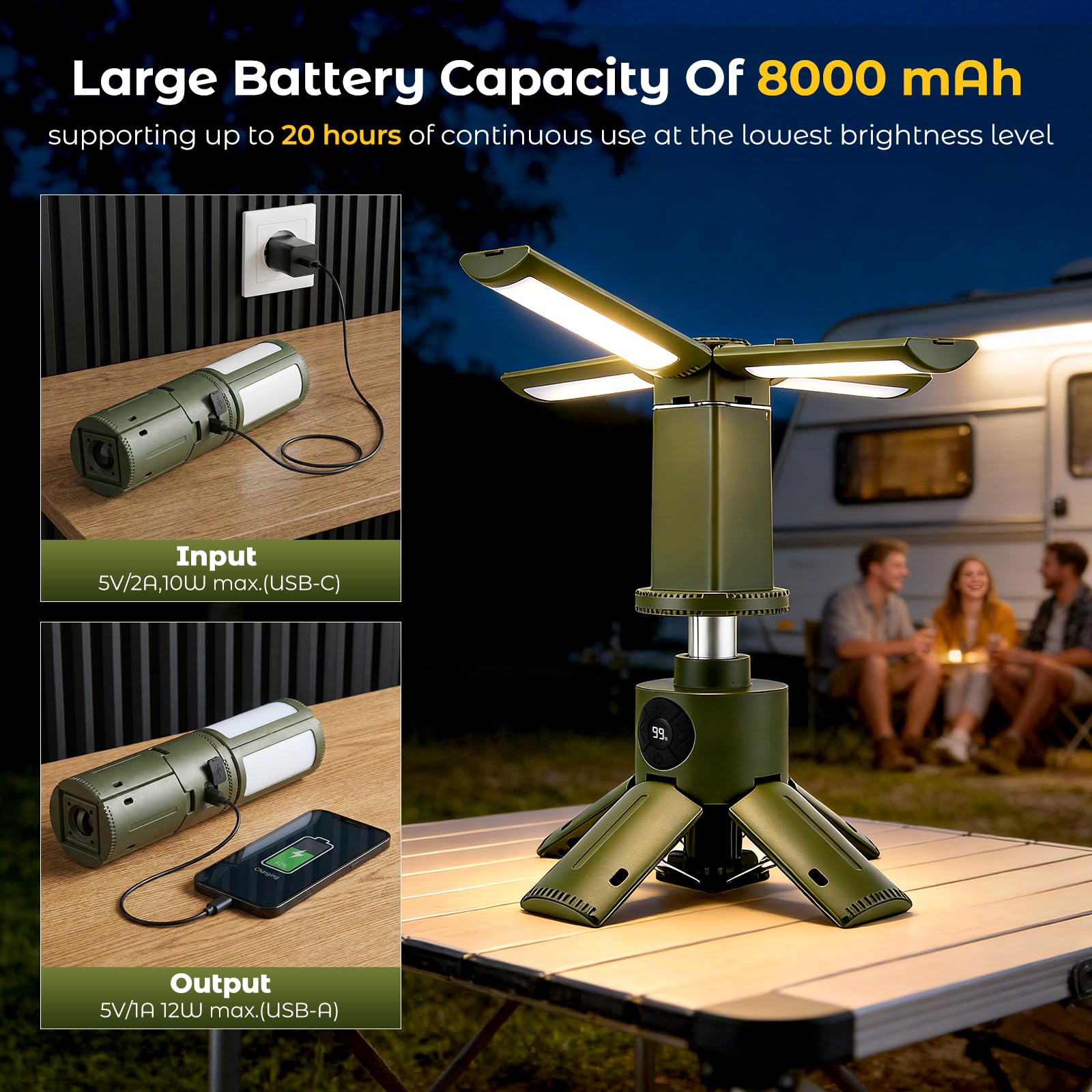 Lanterna da Campeggio Ricaricabile 8000mAh, Lampada LED da Campeggio Telescopica con Treppiede, Luce da Tenda Pieghevole IPX5, 4 Modalità Luce 11 Livelli Dimmer SOS Power Bank
