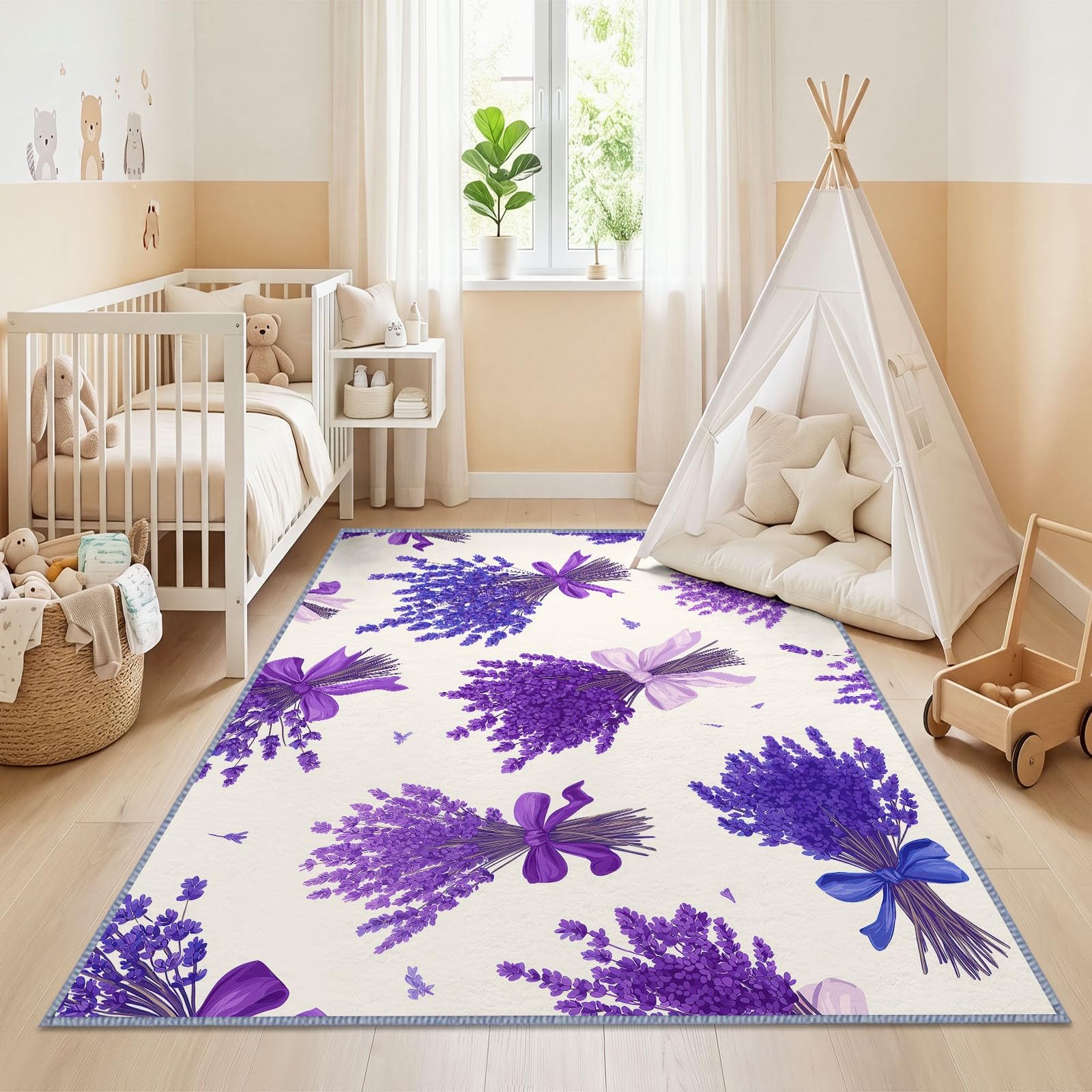 Dywany, rustykalny, botaniczny, do salonu, 160 x 230 cm, zmywalny, antypoślizgowy, miękki, z niskim runem, kwiatowy, lawendowy, dywan do sypialni, kuchni, jadalni, przedpokoju, przy łóżku