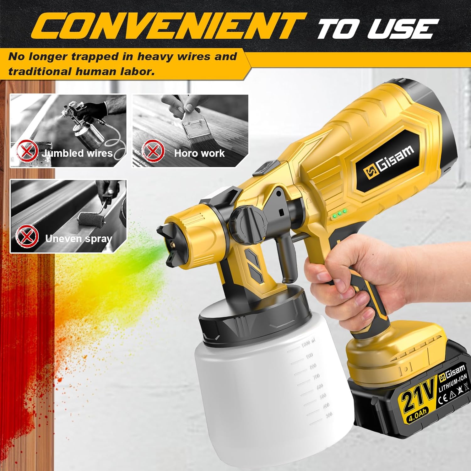 Gisam Cordless HVLP Paint Sprayer | Brushless Motor, 2×4000mAh Batteries, 5 Brass Nozzles | Electric Paint Sprayer for House Furniture Fence DIY Projects