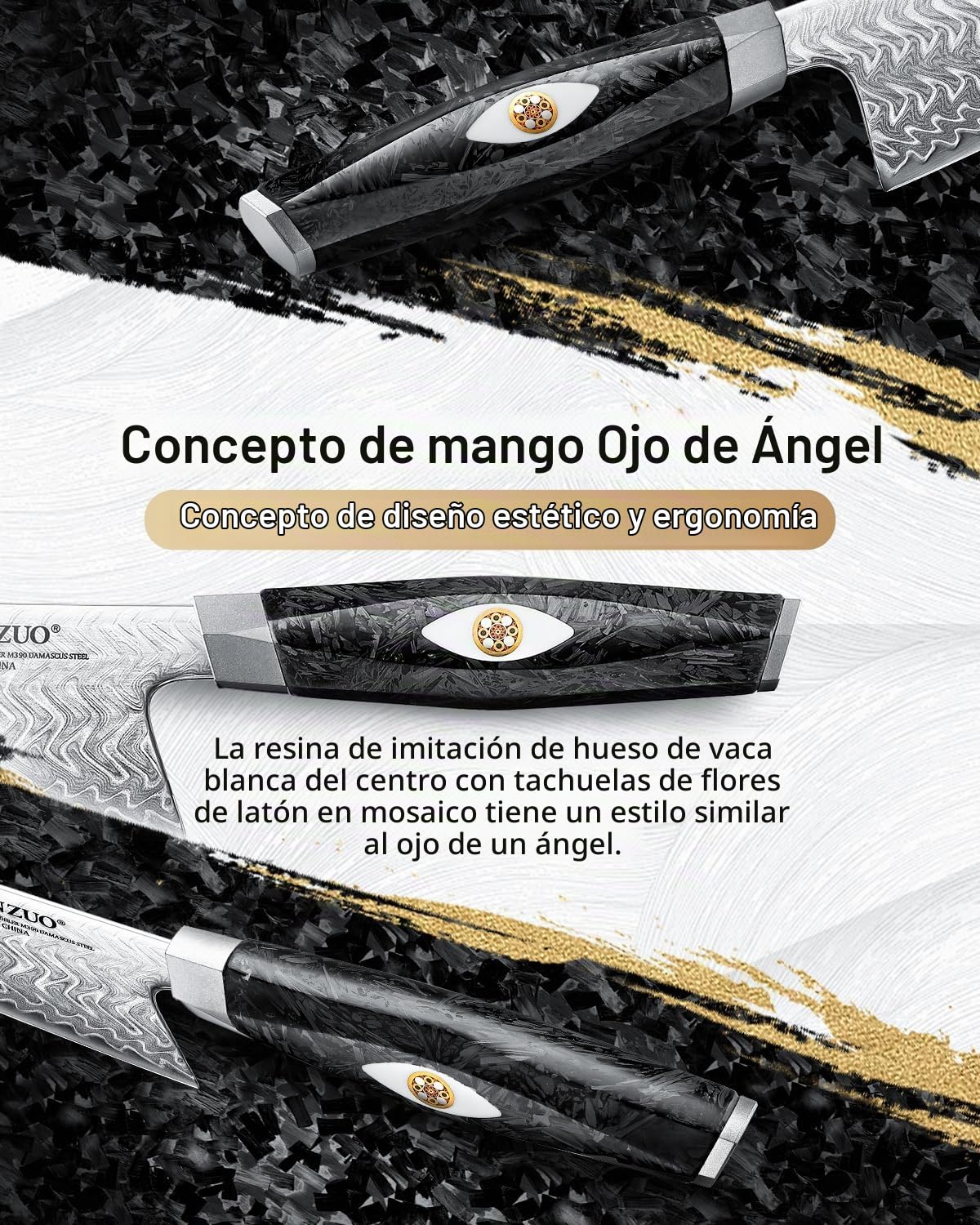 XINZUO 21,5cm Cuchillo de Cocinero de 145 Capas de Acero de Damasco Forjado a Mano Profesional Cuchillo Chef de Cocina -Acero en Polvo M390 de Austriaco -Mango de Resina de Fibra de Carbono Negra