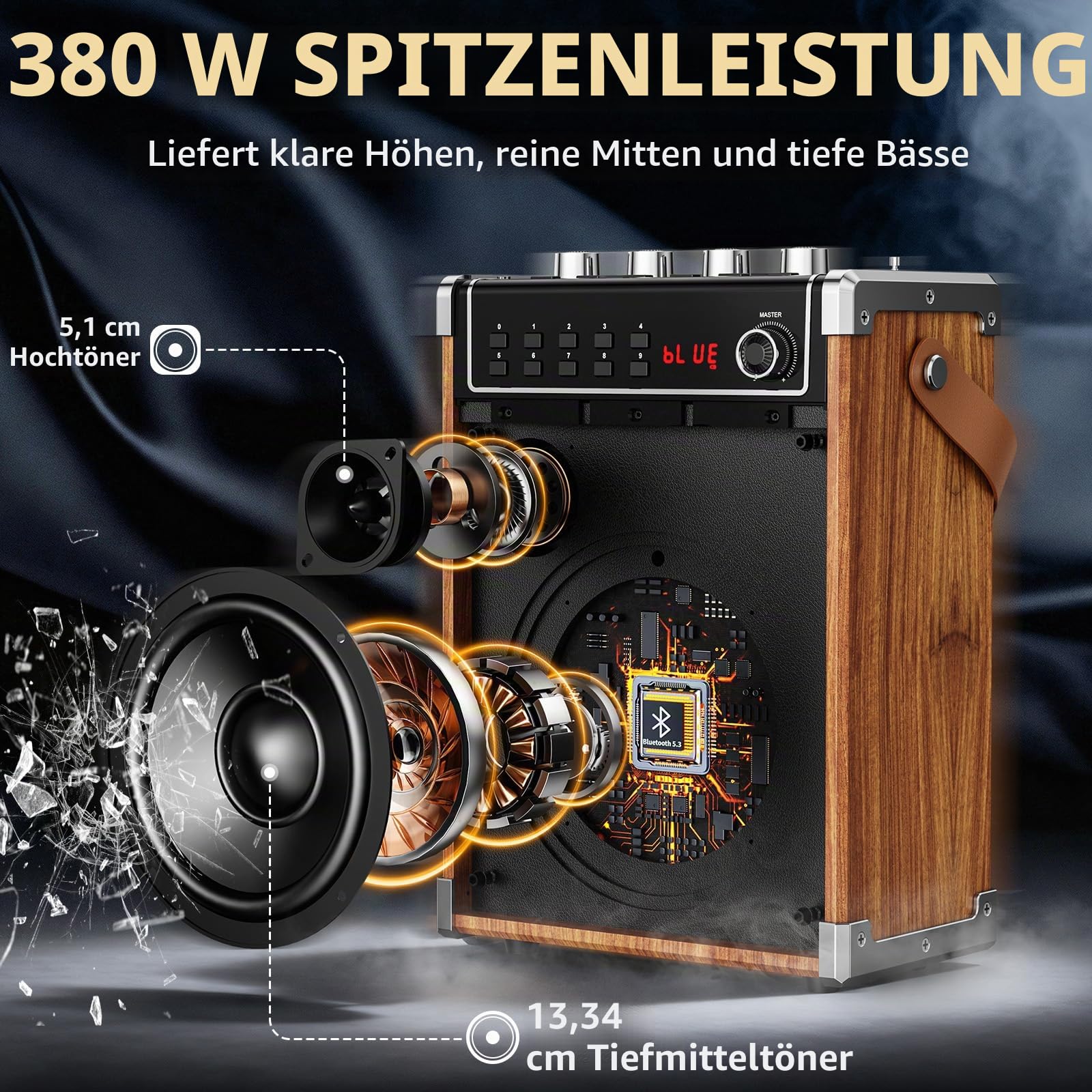 JYX Karaoke Maschine mit 2 UHF-Funkmikrofonen, Bluetooth-Lautsprecher, PA-System, TWS, AUX, FM, LED-Licht