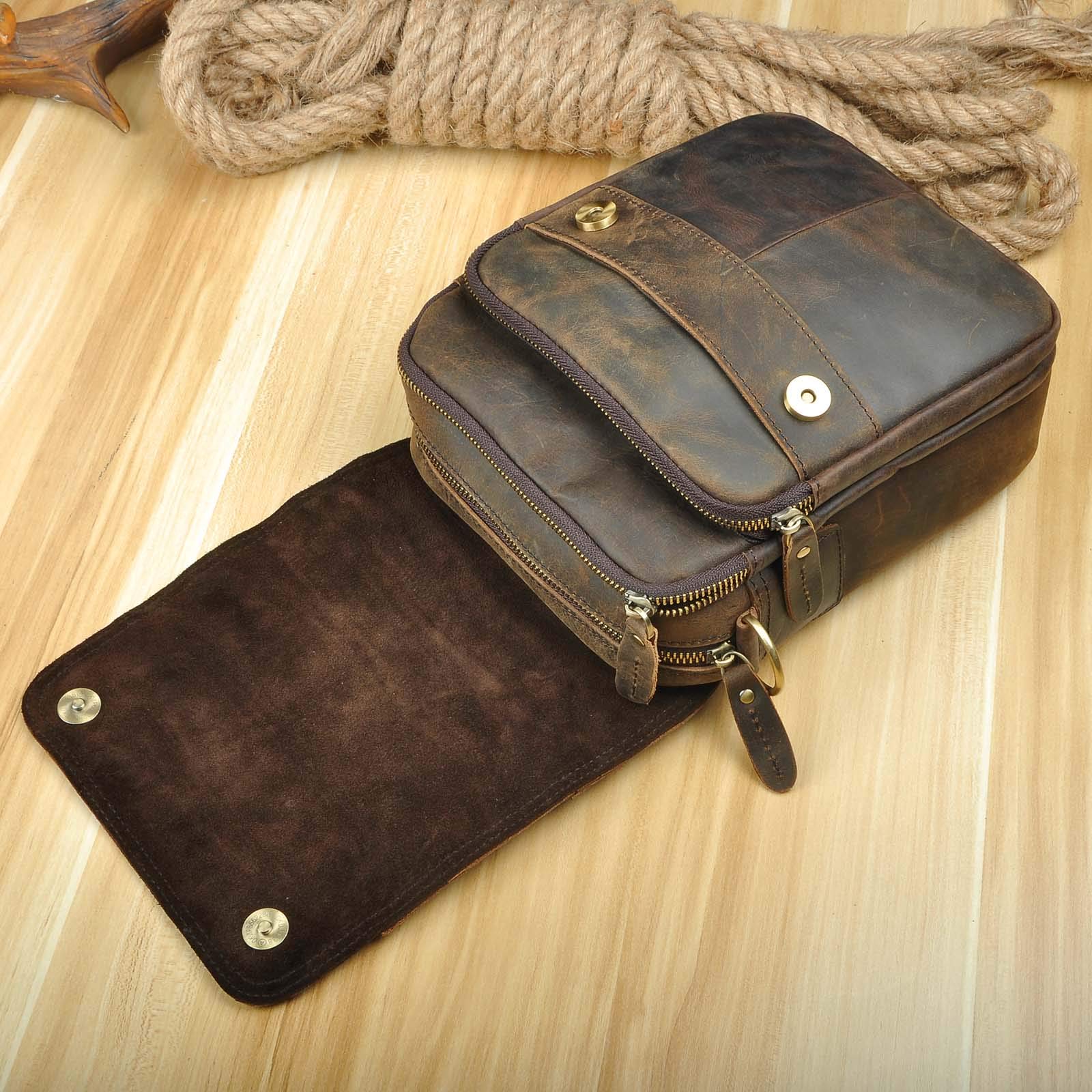 Le'aokuu Hombres Crazy Horse Piel Marrón Satchel Vintage Bolso cruzado Bolso bandolera Bolsa de mensajero 144 (144 A marrón)