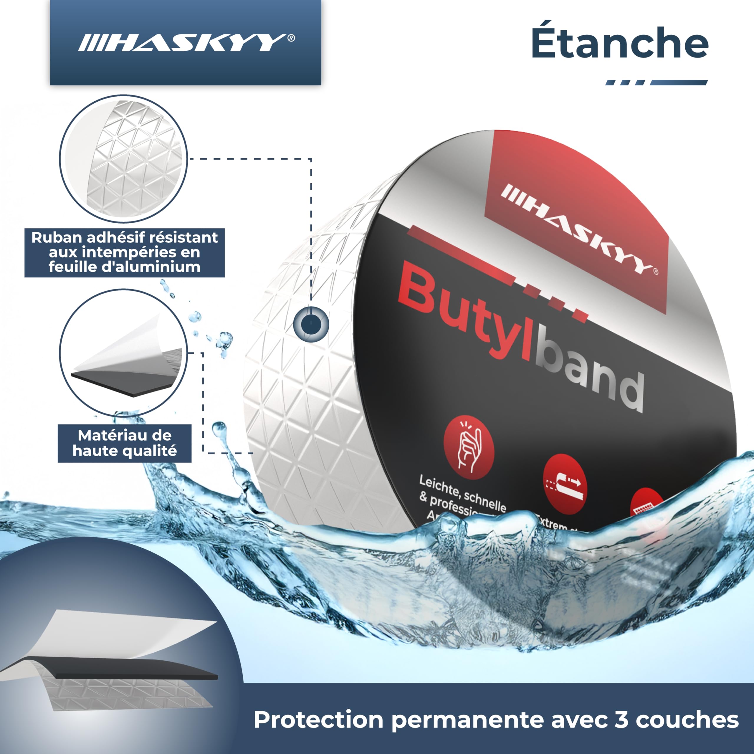 HASKYY Ruban d'étanchéité en butyle 50mm x 5m Bande adhésive aluminium imperméable réparation argent