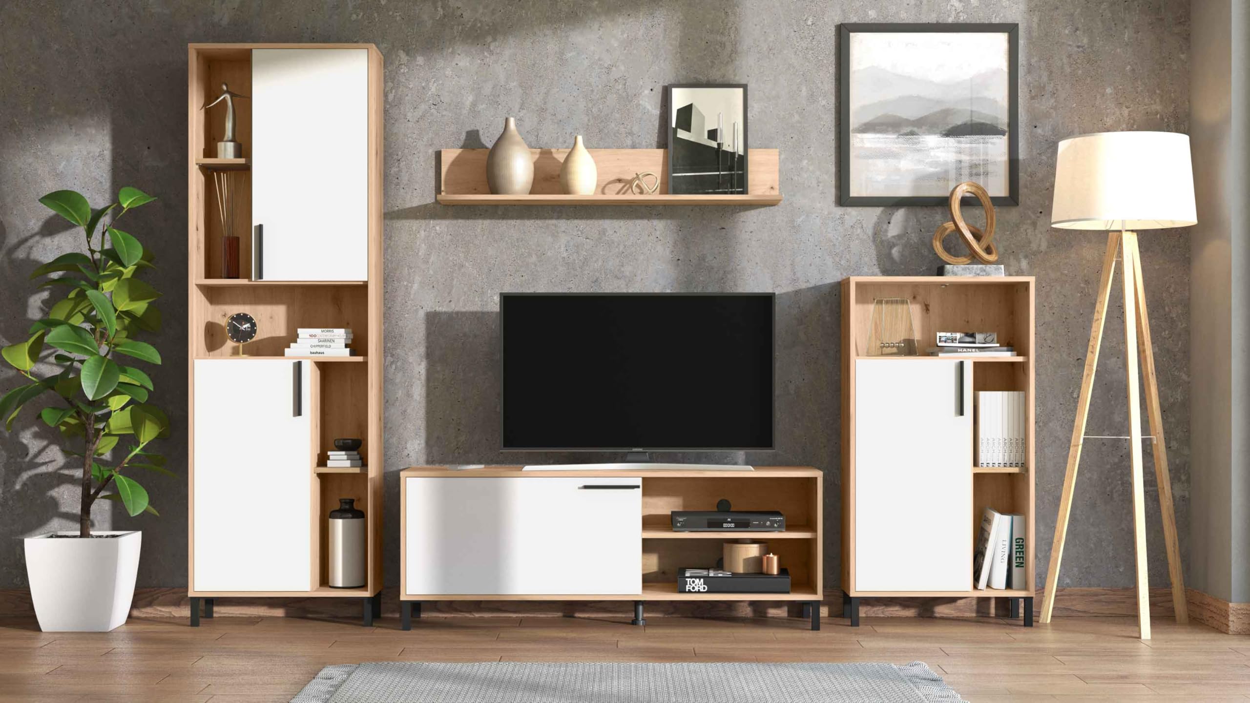 AVANTI TRENDSTORE - Austis - Parete attrezzata in legno laminato nel colore quercia Artisan/bianco lucido con tanti vani aperti, 4 ante e 1 mensola a muro. Dimensioni LAP ca. 279x192,5x38cm