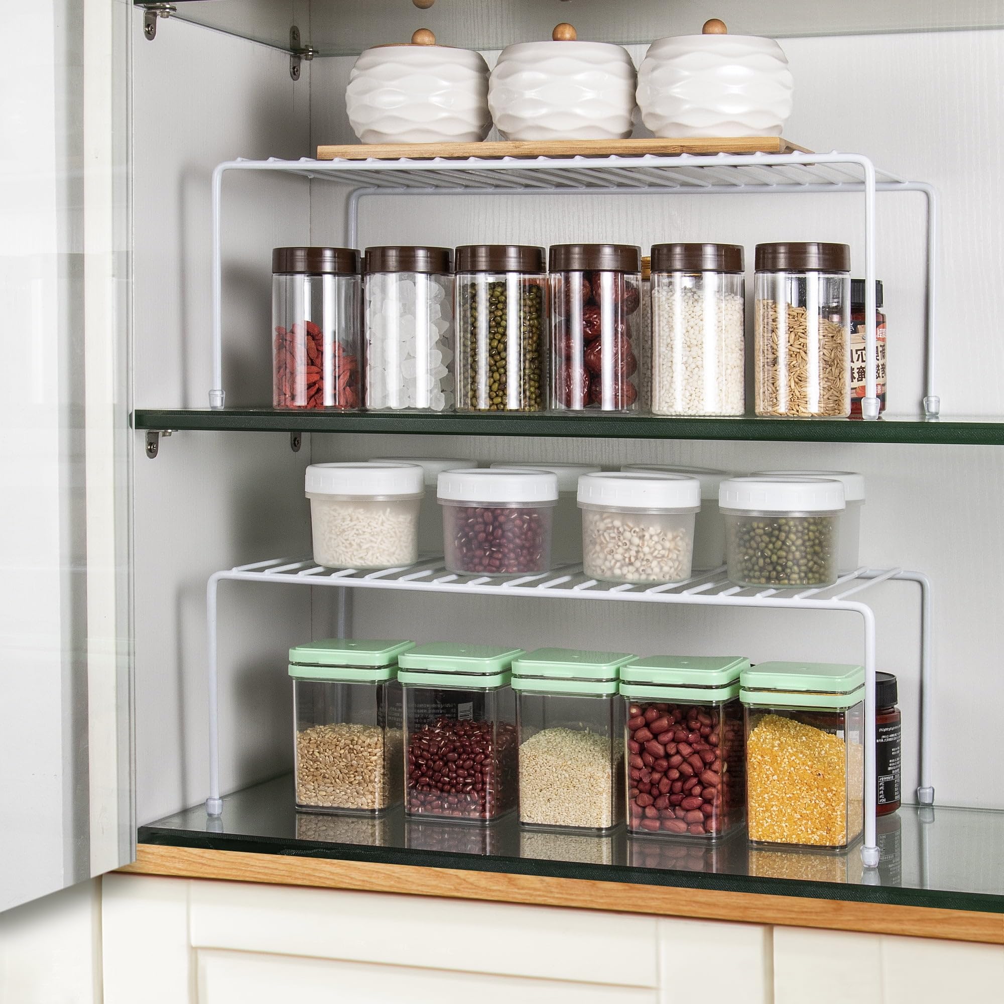 QIWODE Organizer per armadio da cucina, per casa e cucina, in metallo, per armadi da cucina, banconi, dispensa, cibo e utensili, Bianco(confezione da 2)