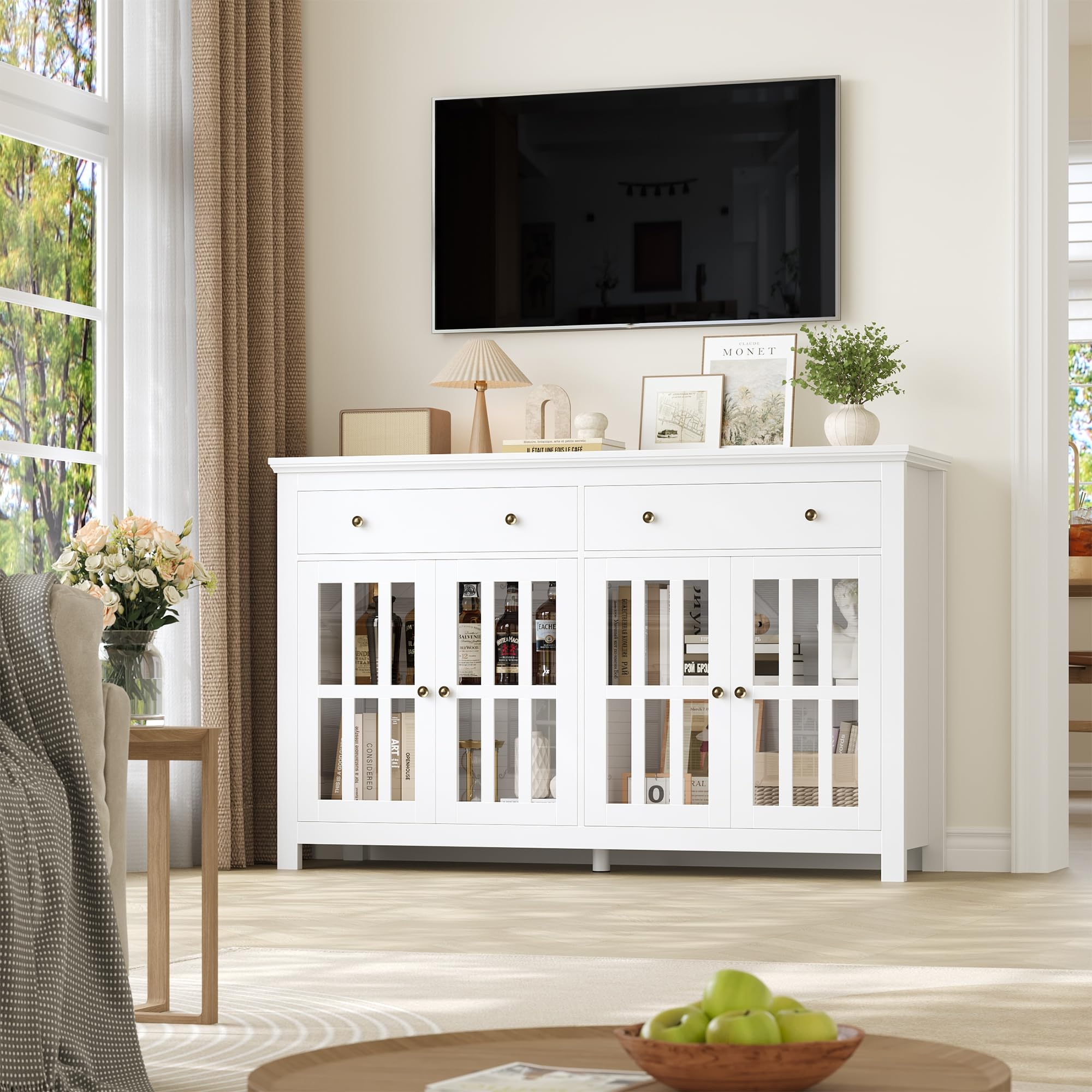 FirFurd Buffet Portes Vitrées Meuble Cuisine Rangement Blanc 140x40x90.7cm | Vaisselier 4 portes et 2 tiroirs | Grand plan de travail | Étagères réglables | Verre trempé | Pour salle à manger, salon