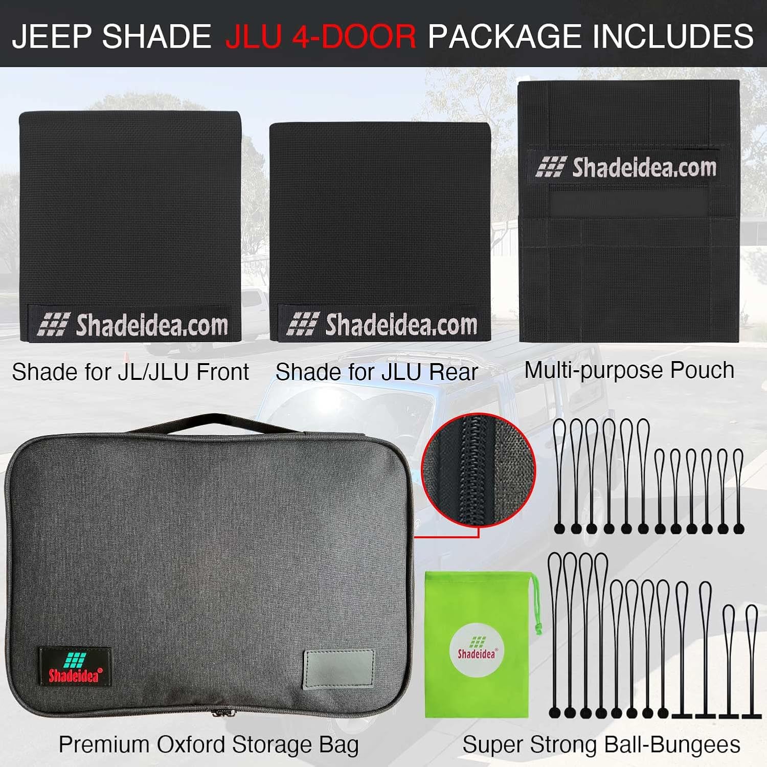 Shadeidea Sun Shade Top for Jeep Wrangler Sunshade JL Unlimited 4 Door, Front and Rear 2 piece - Mesh Screen Sunshade JLU, 2018-2023 Top Soft Roof UV Blocker with Grab Bag - 10 Year Warranty (Black)