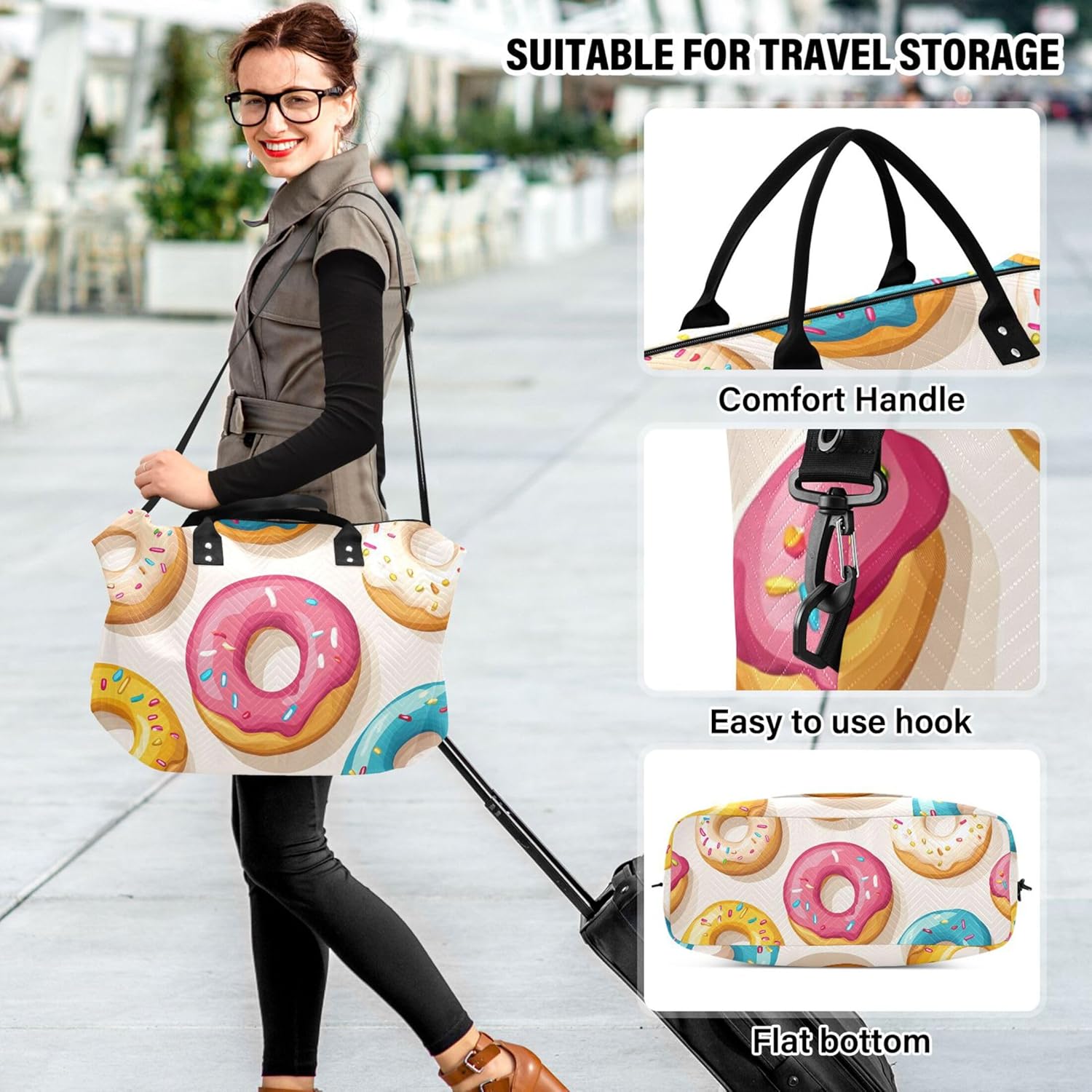 カラフルなドーナツ ホワイト ダッフルバッグ レディース トラベル&amp;メイクアップポーチ 2個セット フローラルジムダッフルバ