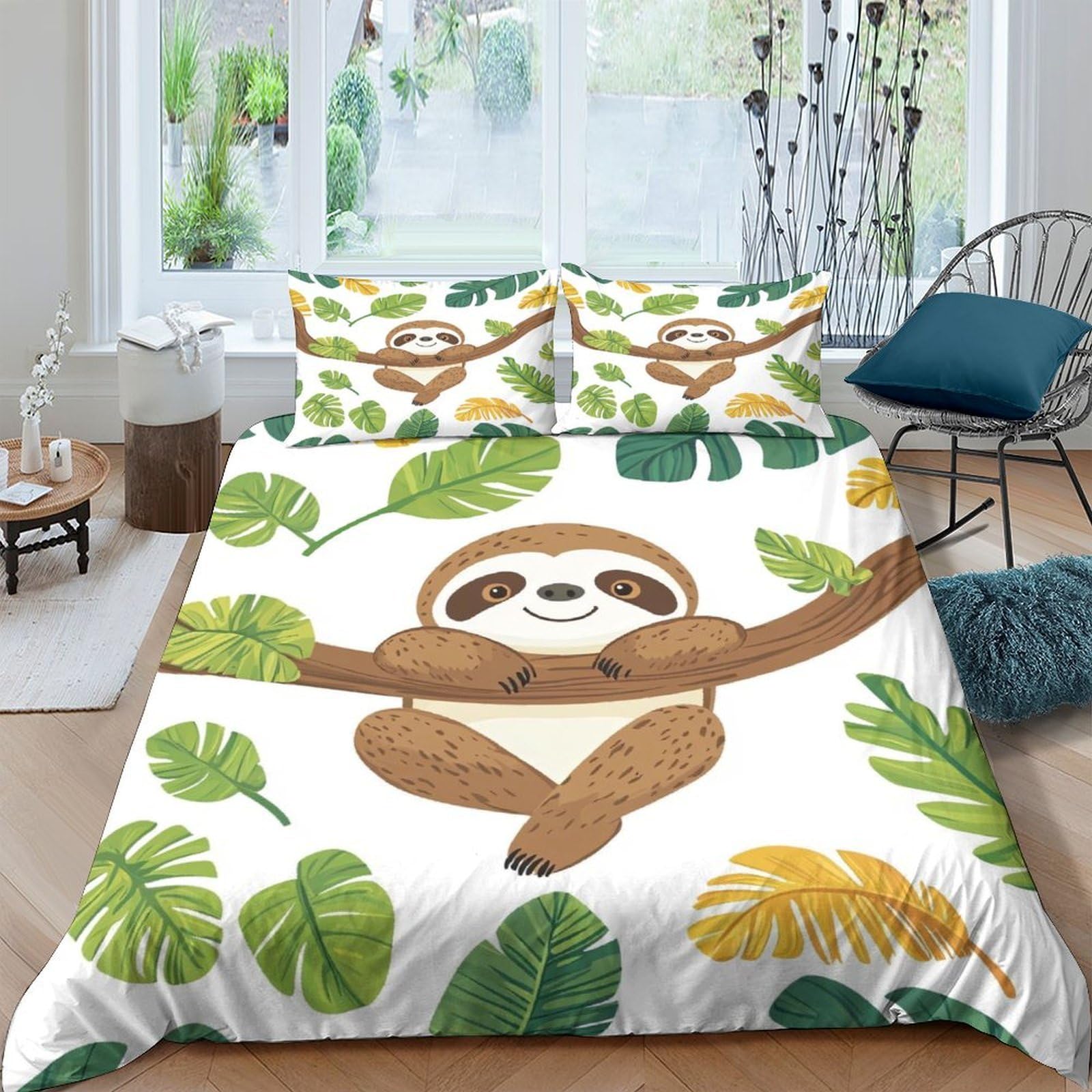 Ctjqhvkz Style-2 3D Printed Sloth Jungle Fitted Sheet Microfiber Soft Anti-Slip Leaf Pattern Bed Cover For Bedroom Guestroom Decor Single（135X200cm）