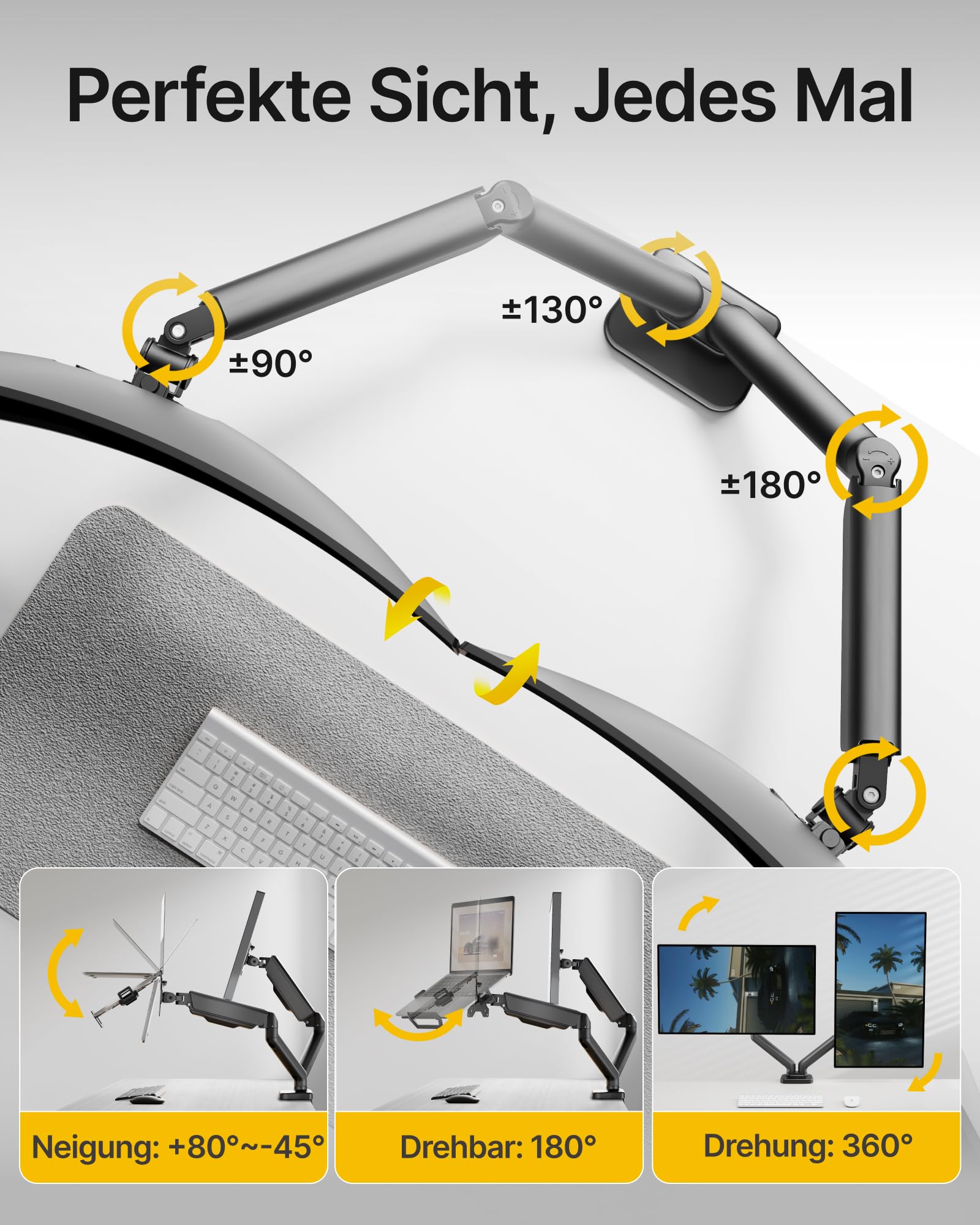 monTEK Laptop Halterung für Bildschirme bis 32 Zoll, Notebooks bis 18 Zoll | Dual Monitor Arm，Verstellbarer Laptop-Halterung, trägt bis zu 9 kg, Laptop Arm mit Klemme/Durchführungsbasis