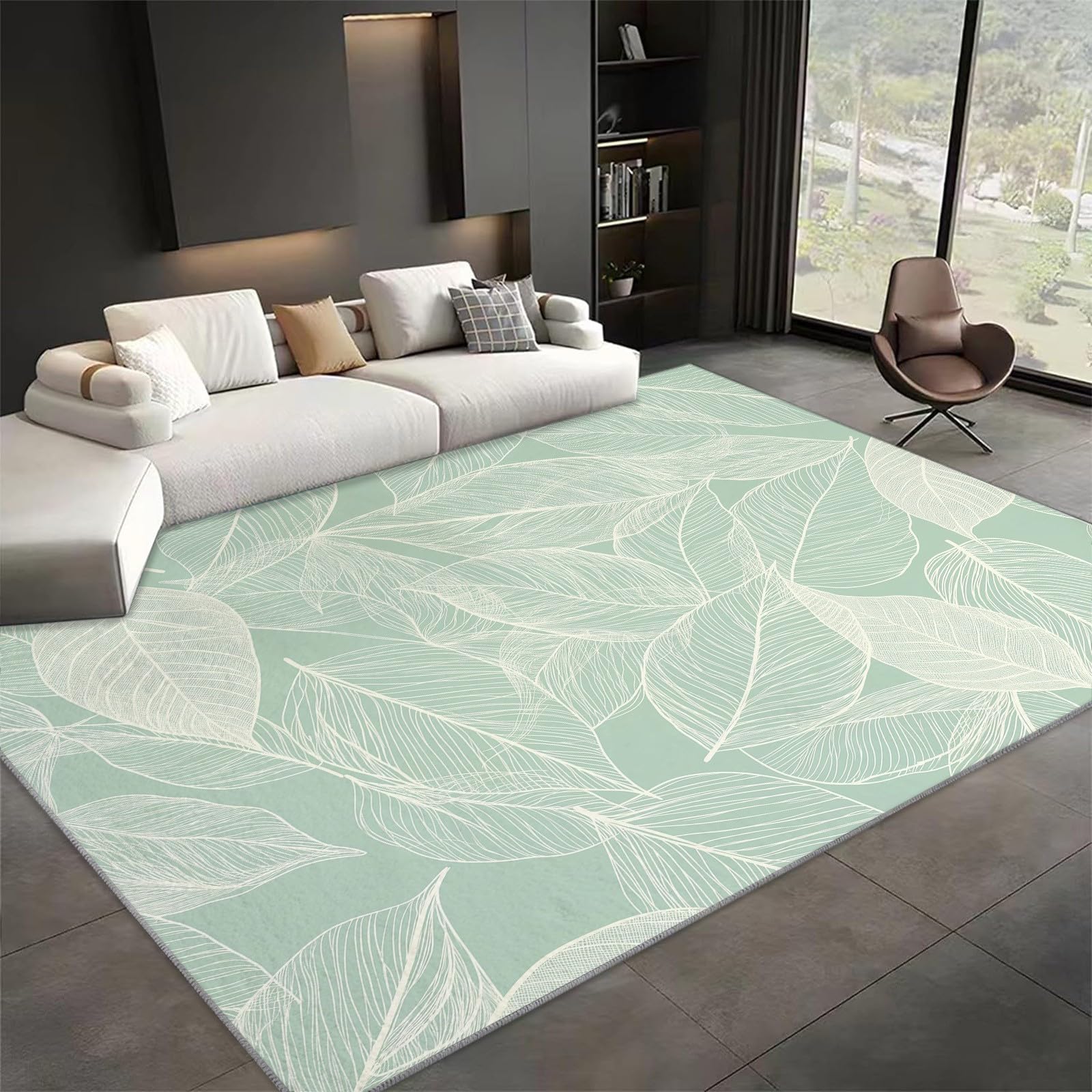 Tapis de salon lavable vert clair 180x240cm à motif feuilles