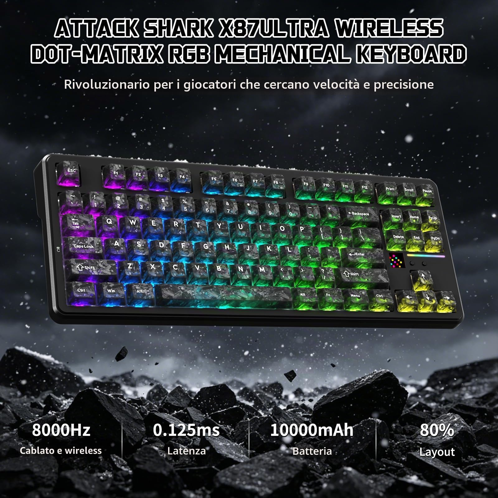 ATTACK SHARK X87 ULTRA Tastiera Meccanica da Gioco Wireless con Display a Matrice di Punti, BT/2,4 GHz/Cablata, 75% Hot swap, 10000mAh, RGB, Ricevitore Wireless Shark Fin, Ink Shadow