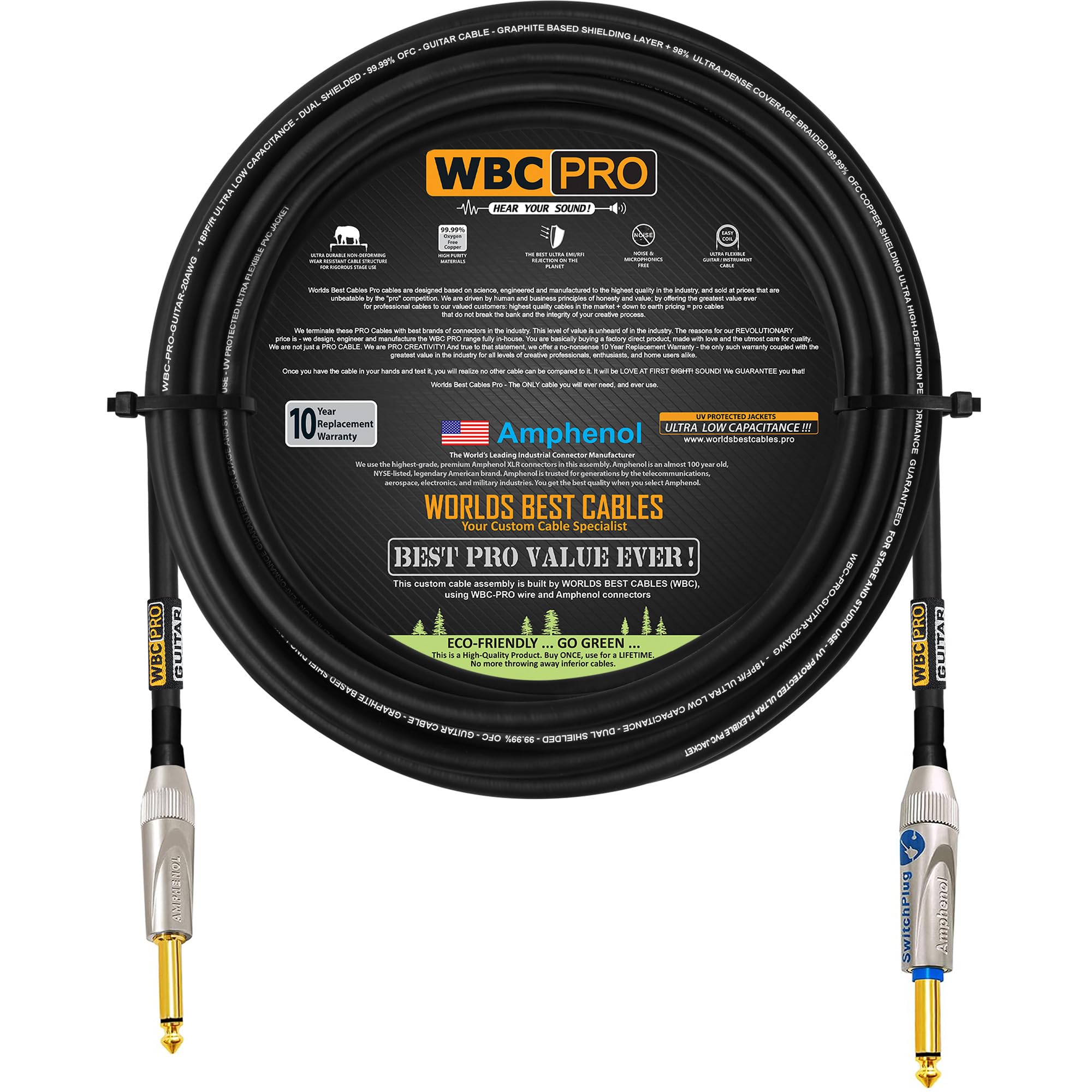 WBC-PRO-Guitarra de 30 pies – 20 AWG – Tapa baja (18 pF/pies) – Grado profesional – a base de grafito – Cable de instrumento de guitarra de doble blindaje con Amphenol recto – Conectores TS dorados