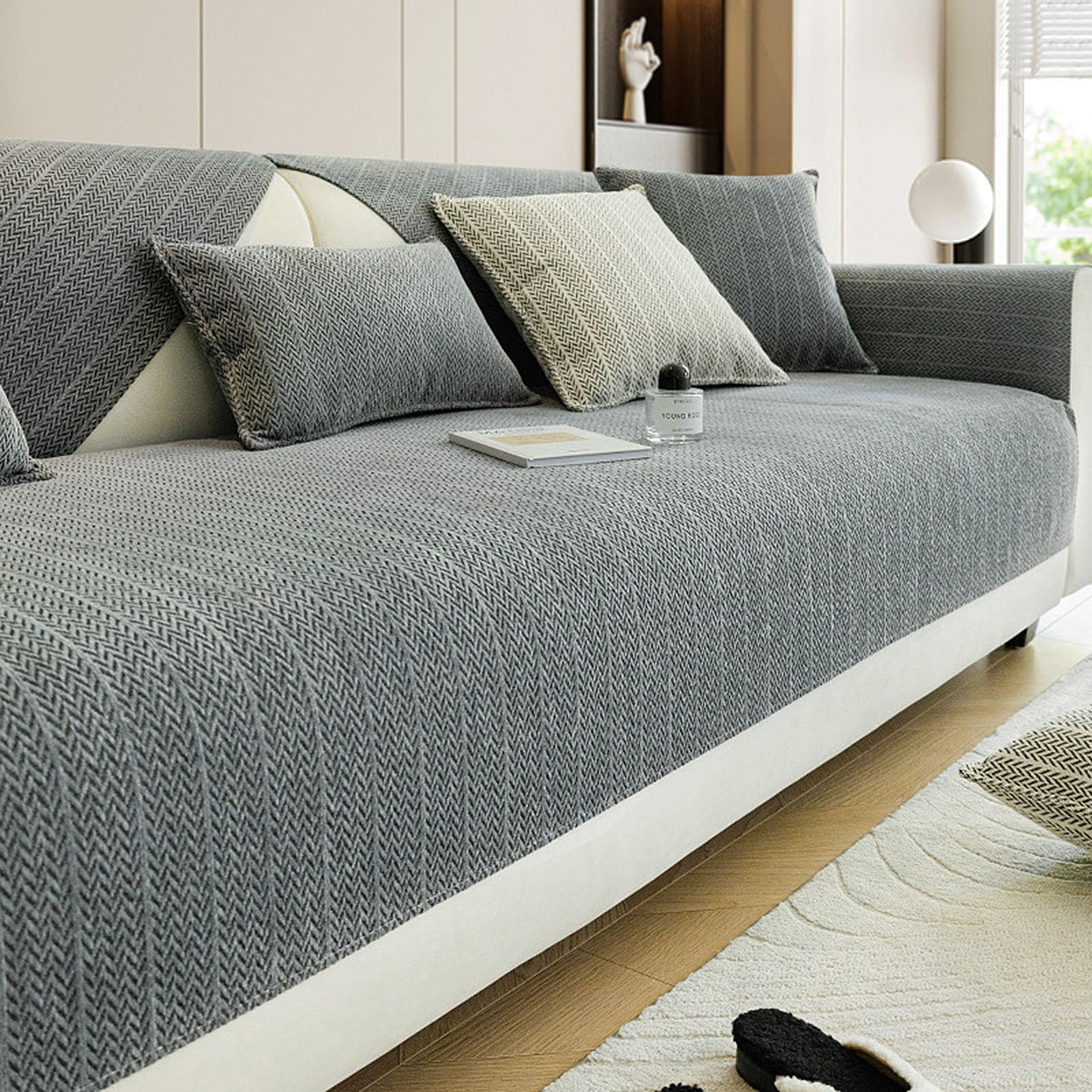 Housse de canapé simple en chenille rayée anti-rayures, housse de canapé en chenille, amusante, pelucheuse, antidérapante (gris clair, 110 x 240 cm Housse de canapé simple en chenille rayée anti-rayures, housse de canapé en chenille, amusante, pelucheuse, antidérapante (gris clair, 110 x 240 cm