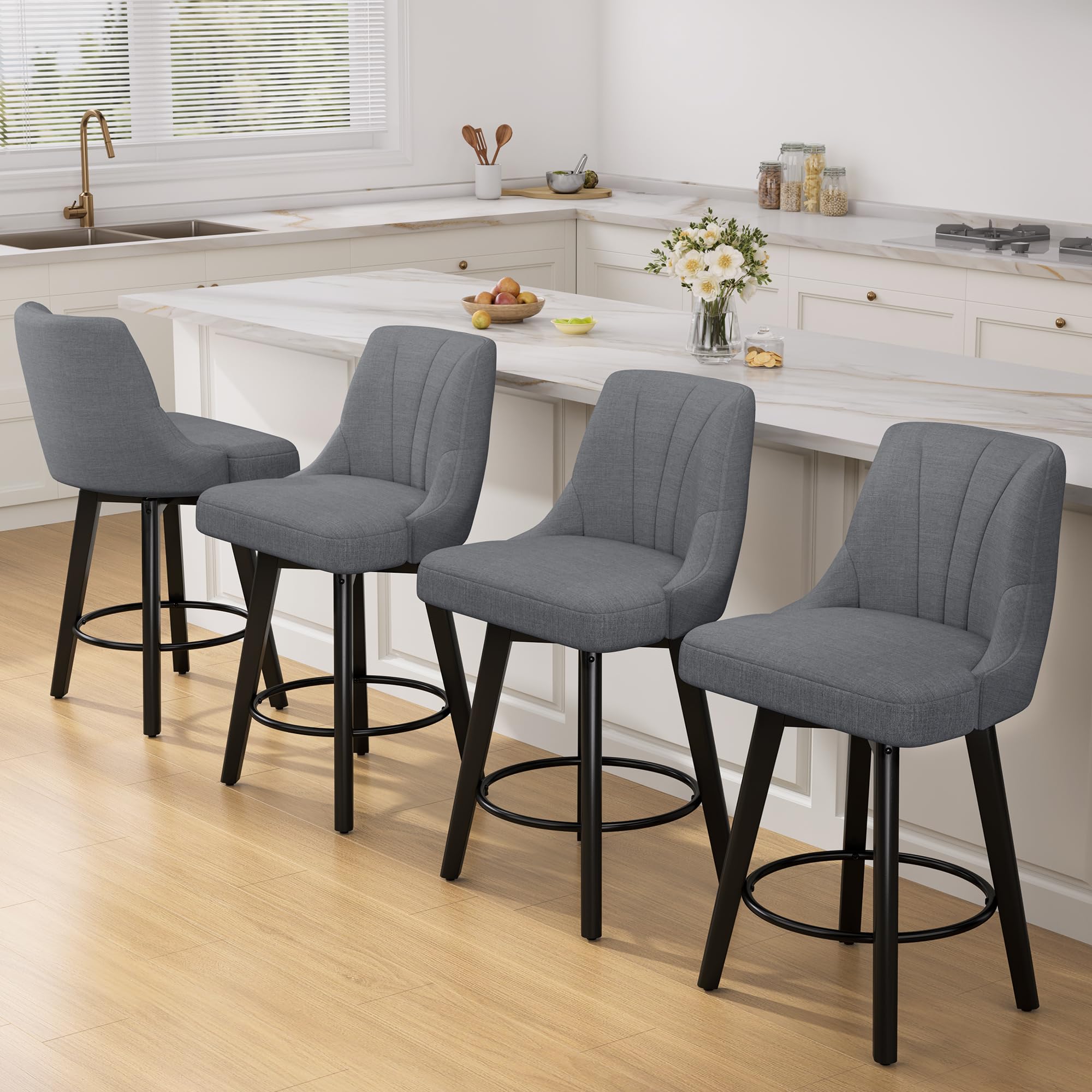 REONEY Counter Height Swivel Bar Stool, 24" Upholstered Fabric Barstools Set of 4, Counter Stool Chair with Back & Solid Wood Legs for Kitchen Island
